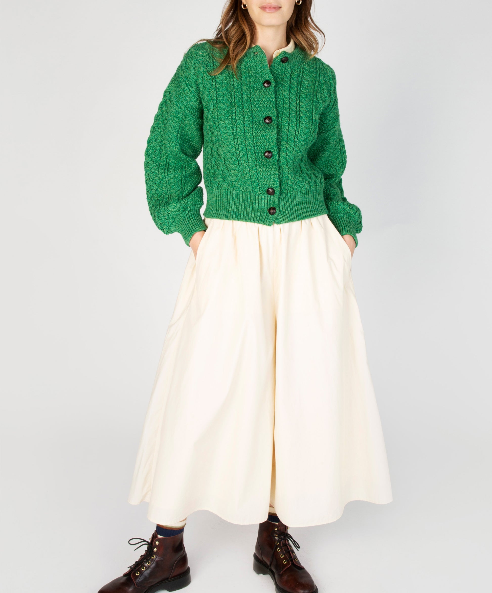 IrelandsEye Knitwear Clover Cropped Aran Cardigan Green Marl
