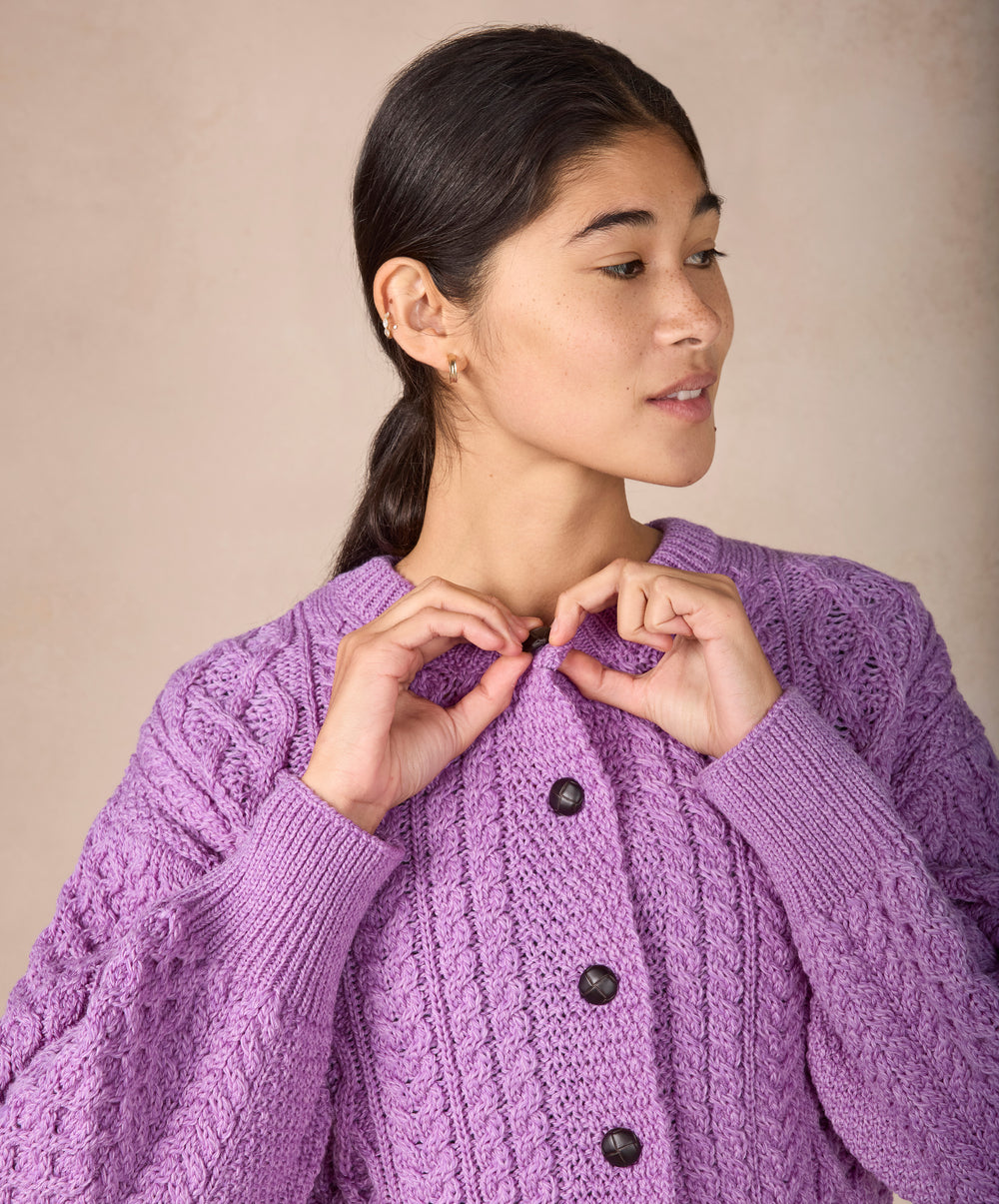 Womens Clover Cropped Aran Cardigan - Lilac Marl - IrelandsEye