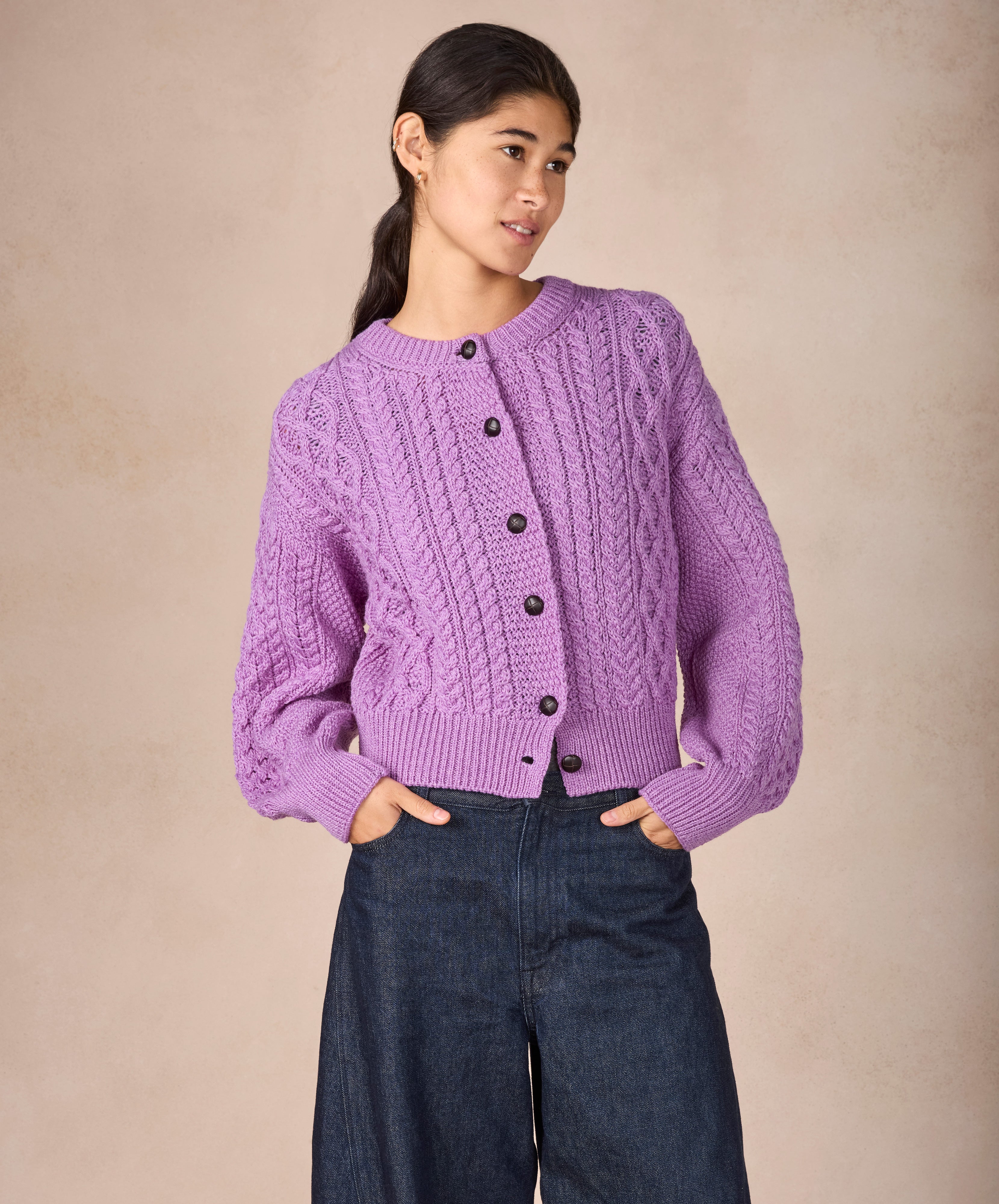 Womens Clover Cropped Aran Cardigan - Lilac Marl - IrelandsEye