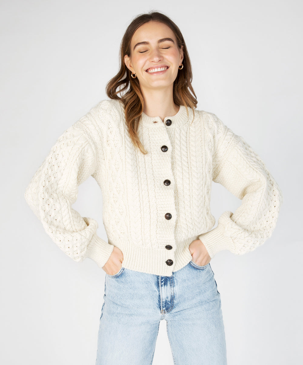 Womens Clover Cropped Aran Cardigan Natural IrelandsEye Knitwear