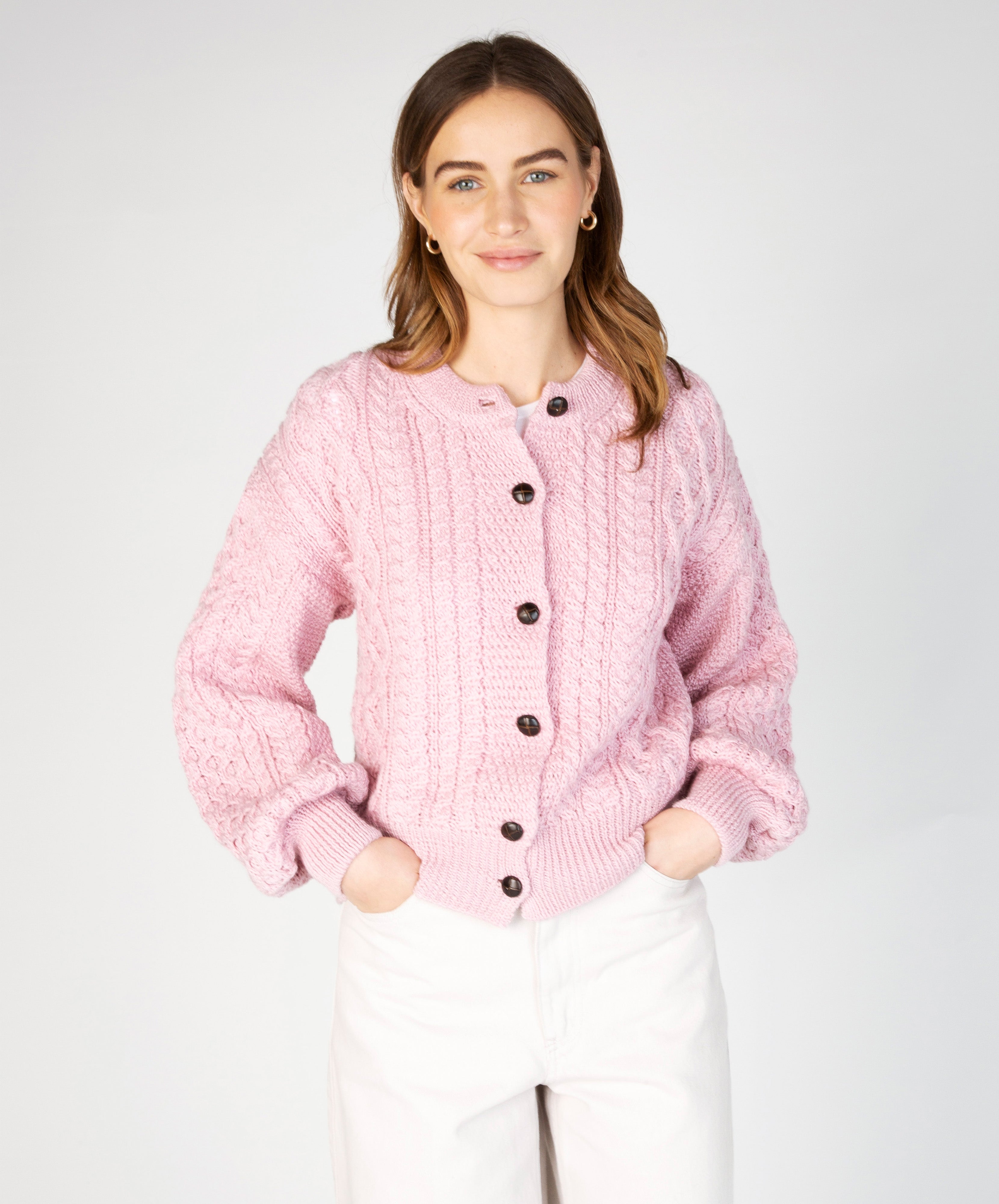 Women's Clover Cropped Aran Cardigan | Rosa Pink - Pastel