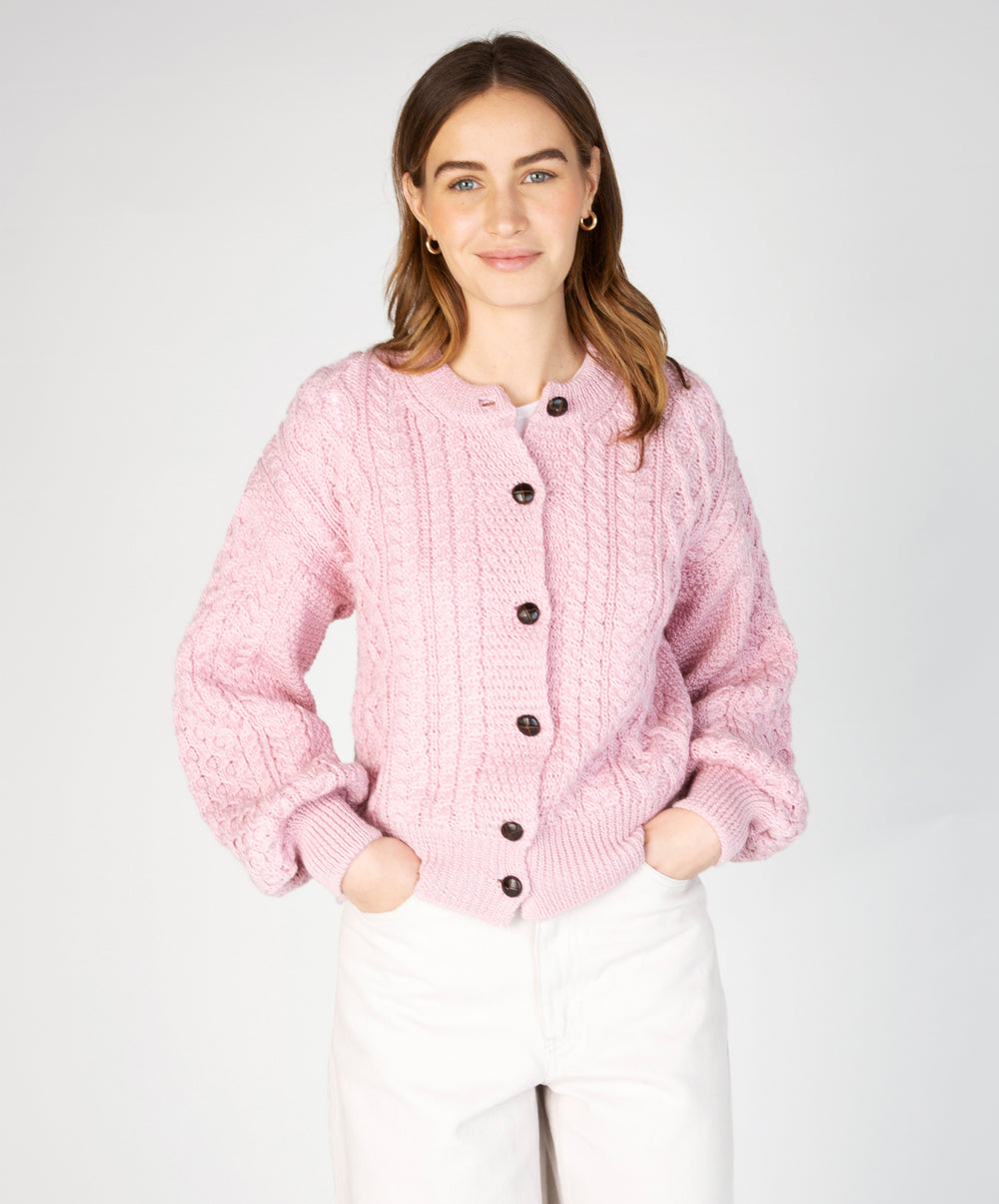 Womens Clover Cropped Aran Cardigan Pale Pink IrelandsEye Knitwear