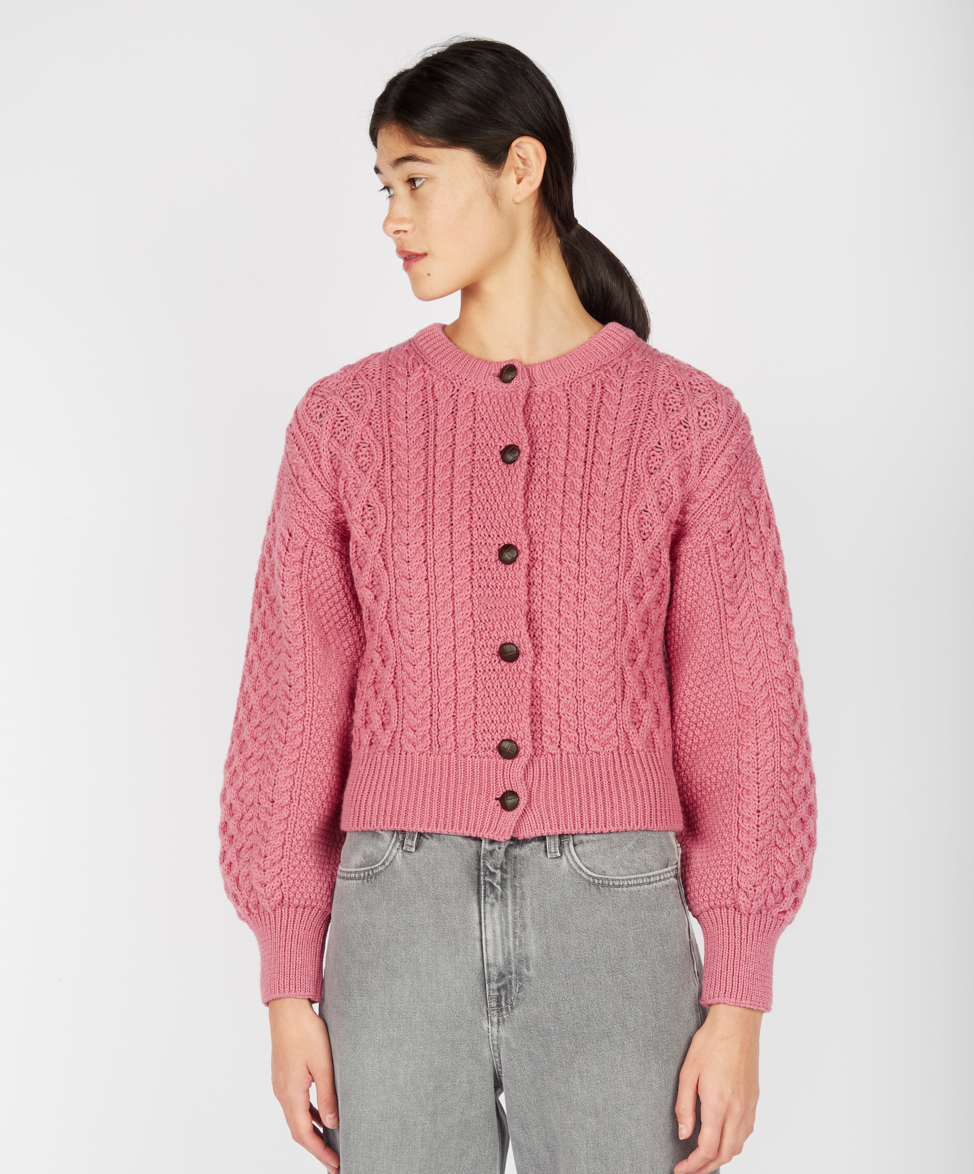 Women's Clover Cropped Aran Cardigan | Rosa Pink - Pastel