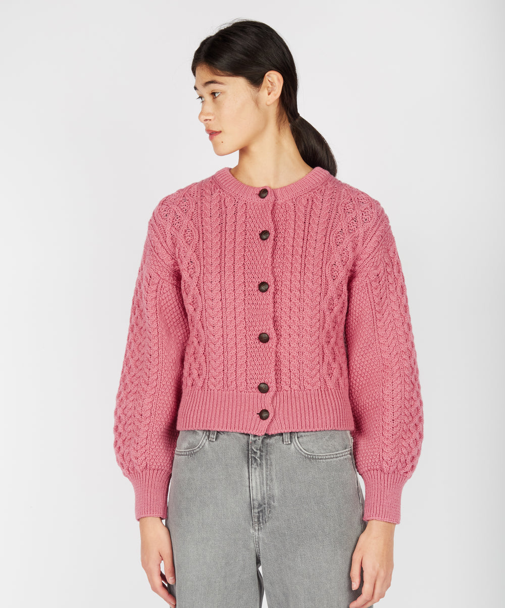 Women's Clover Cropped Aran Cardigan | Rosa Pink - Pastel