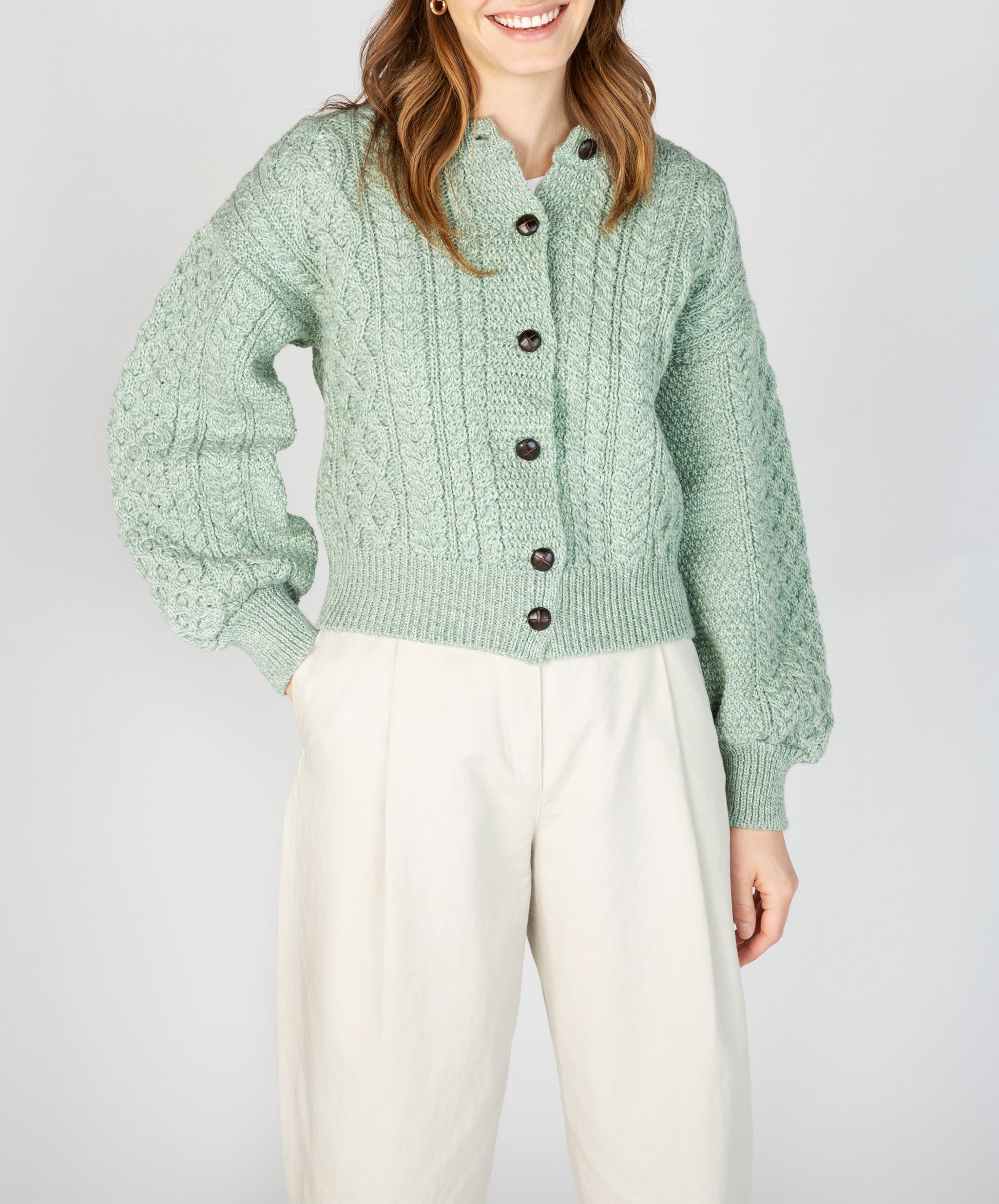  IrelandsEye Knitwear Clover Cropped Aran Cardigan Sage Marl
