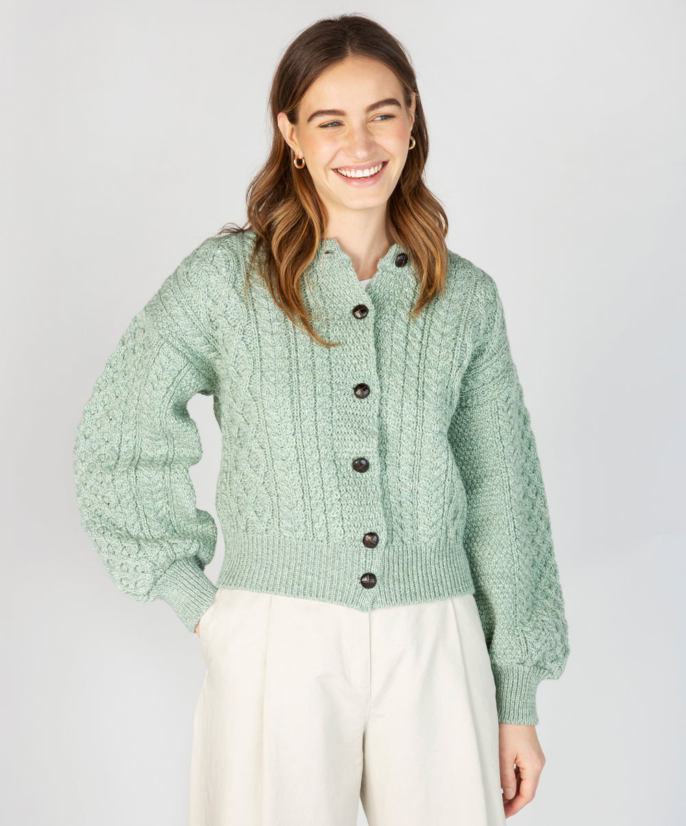 Womens Clover Cropped Aran Cardigan Sage Marl IrelandsEye Knitwear