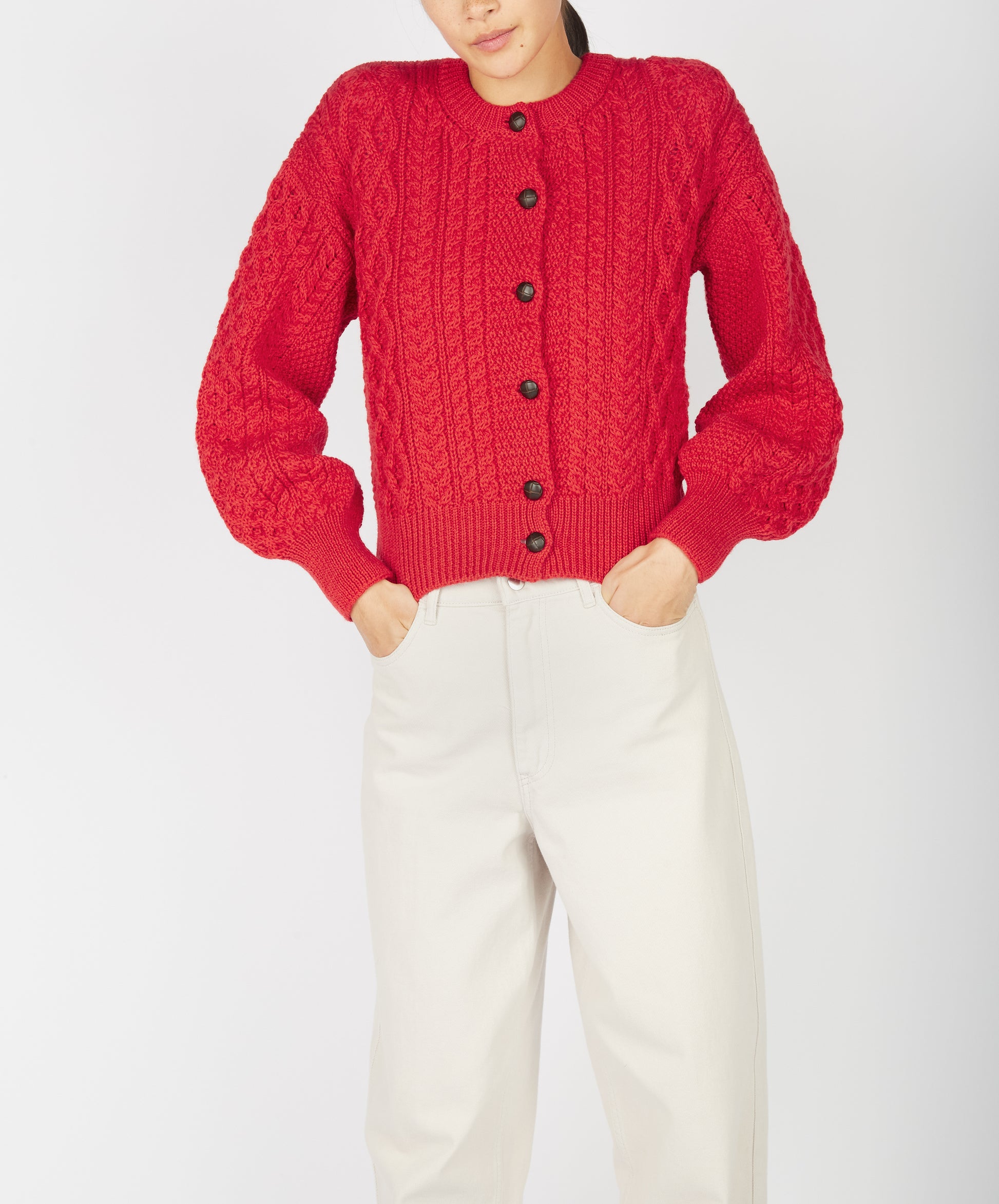 IrelandsEye Knitwear Clover Cropped Aran Cardigan Scarlet