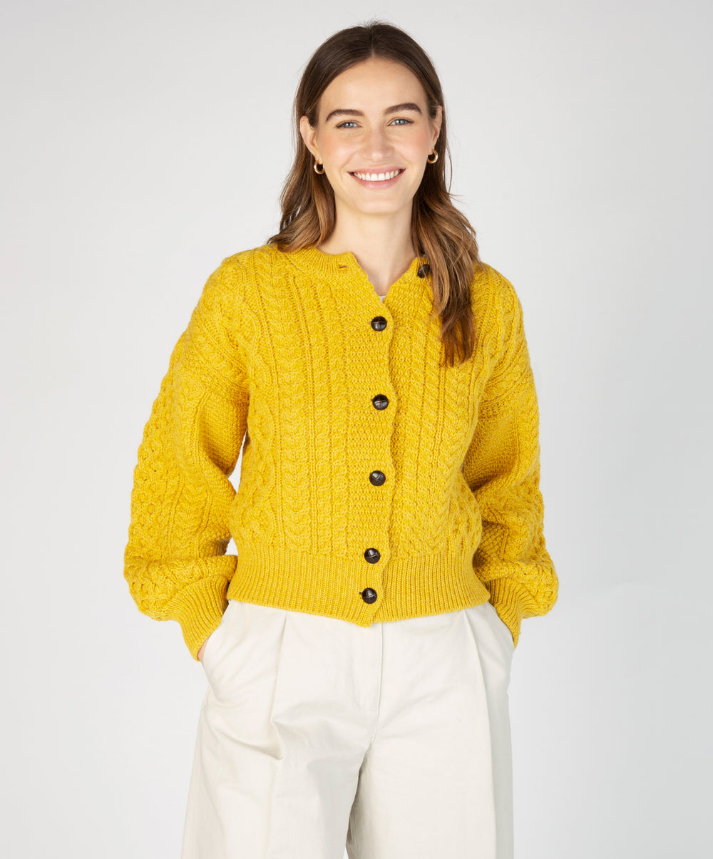 Womens Clover Cropped Aran Cardigan Sunflower IrelandsEye Knitwear