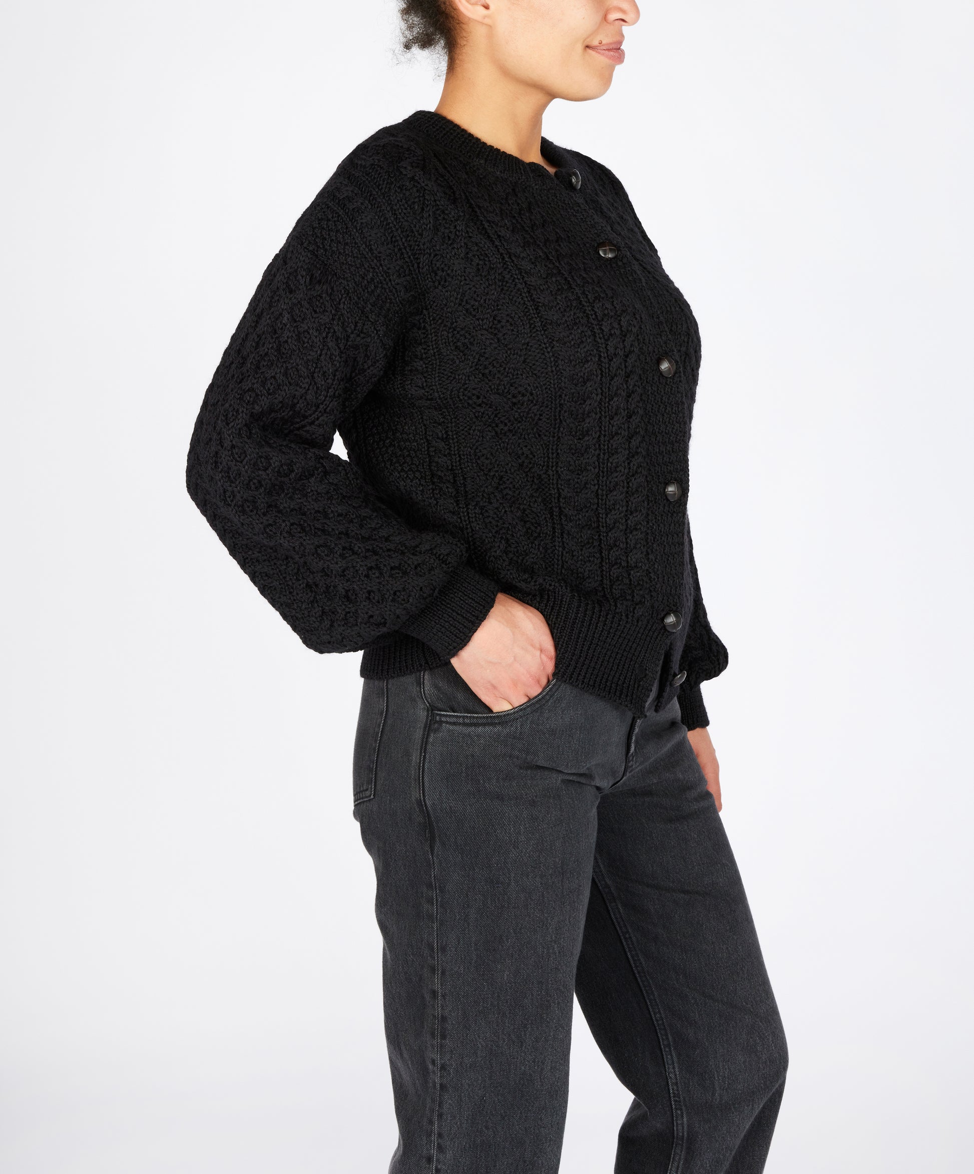 IrelandsEye Knitwear Clover Cropped Aran Cardigan Dark Night