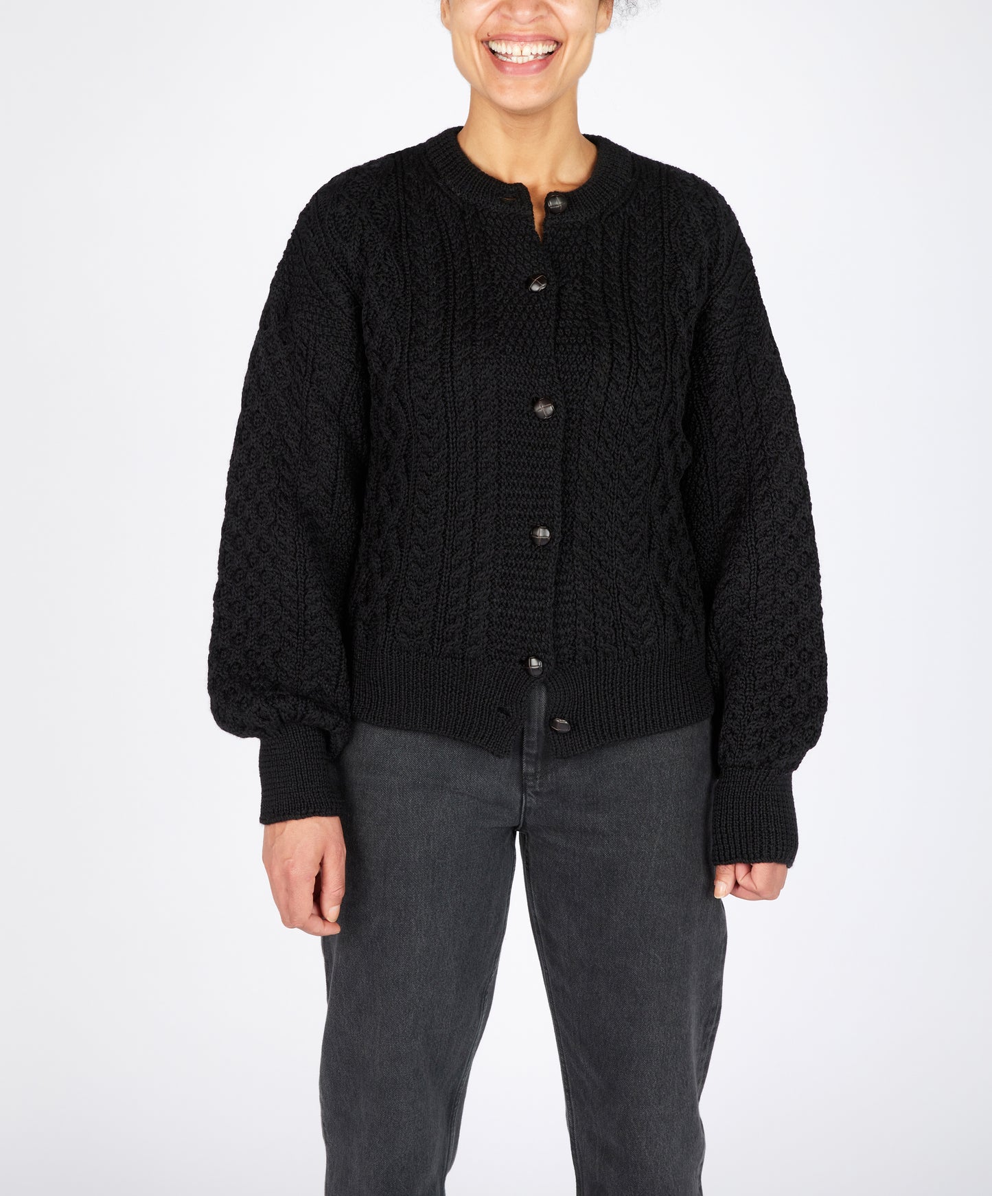 IrelandsEye Knitwear Clover Cropped Aran Cardigan Dark Night