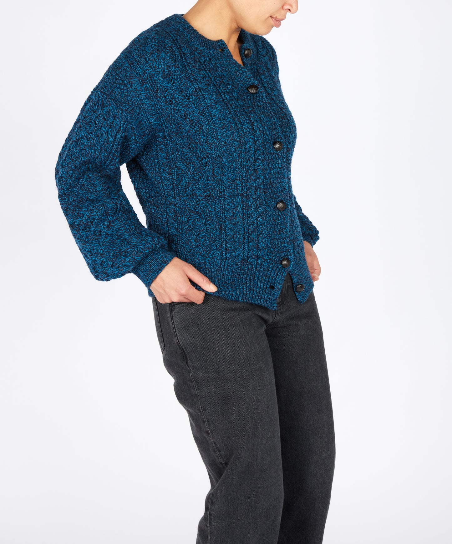 IrelandsEye Knitwear Clover Cropped Aran Cardigan Petrol Marl