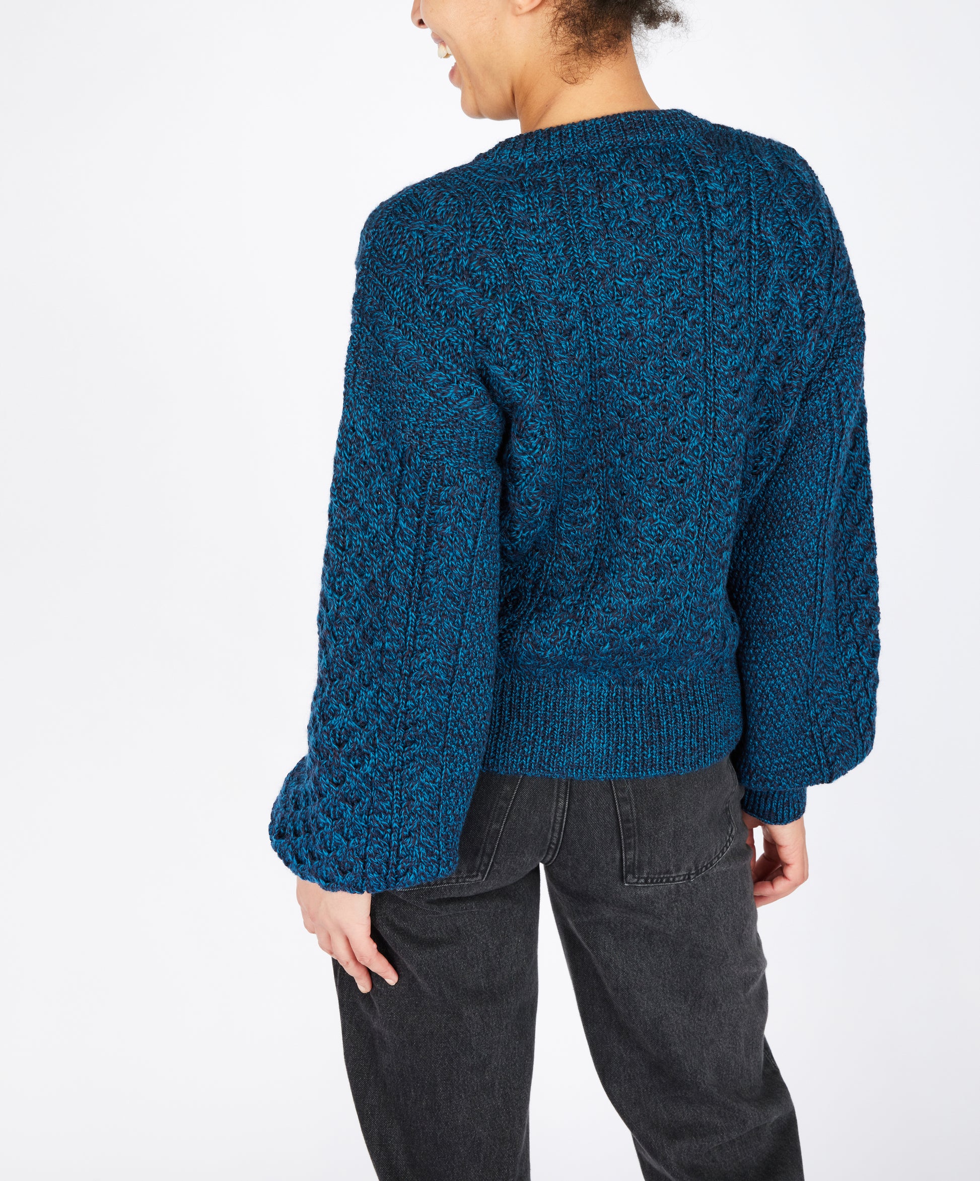 IrelandsEye Knitwear Clover Cropped Aran Cardigan Petrol Marl