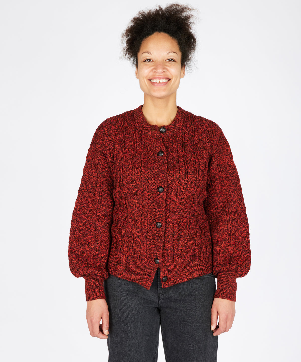 IrelandsEye Knitwear Clover Cropped Aran Cardigan Sable Marl