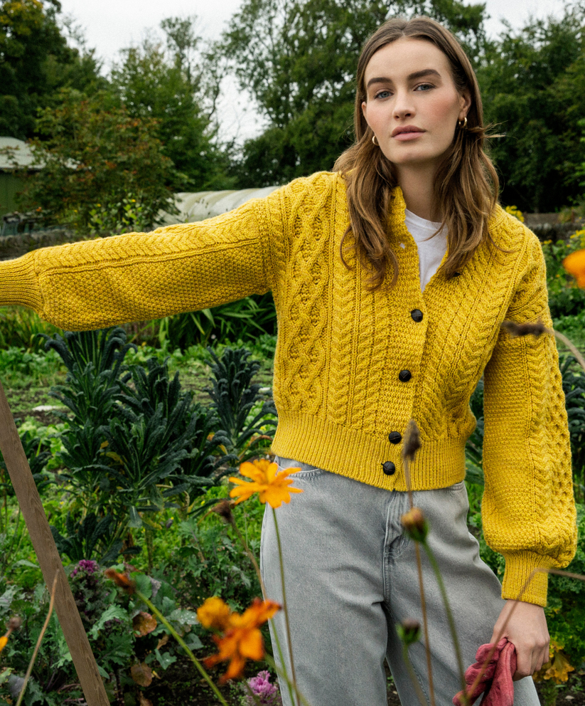 Womens Clover Cropped Aran Cardigan - Sunflower - IrelandsEye Knitwear