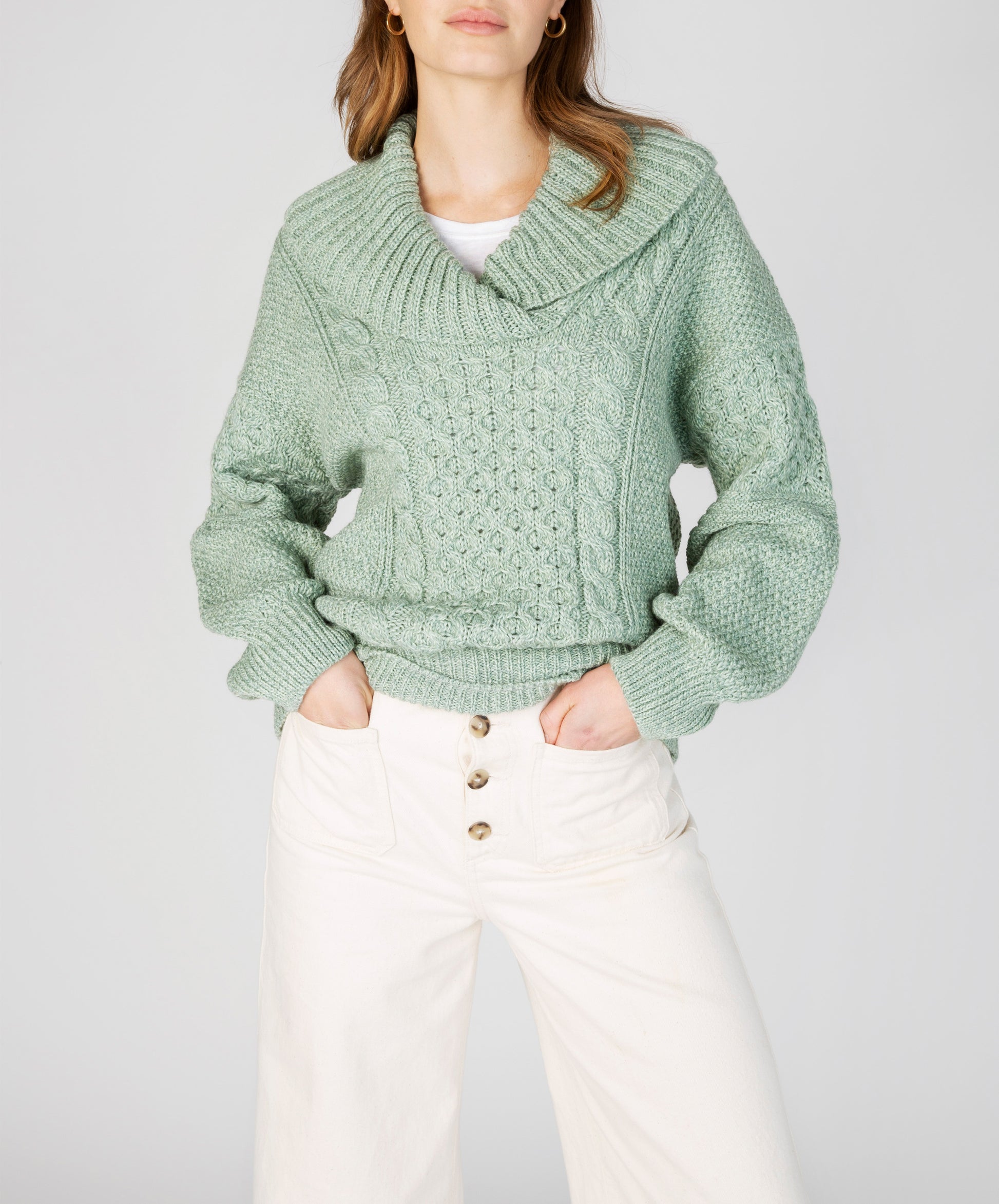 IrelandsEye Knitwear Aster Shawl Collar Oversized Sweater in Sage Marl