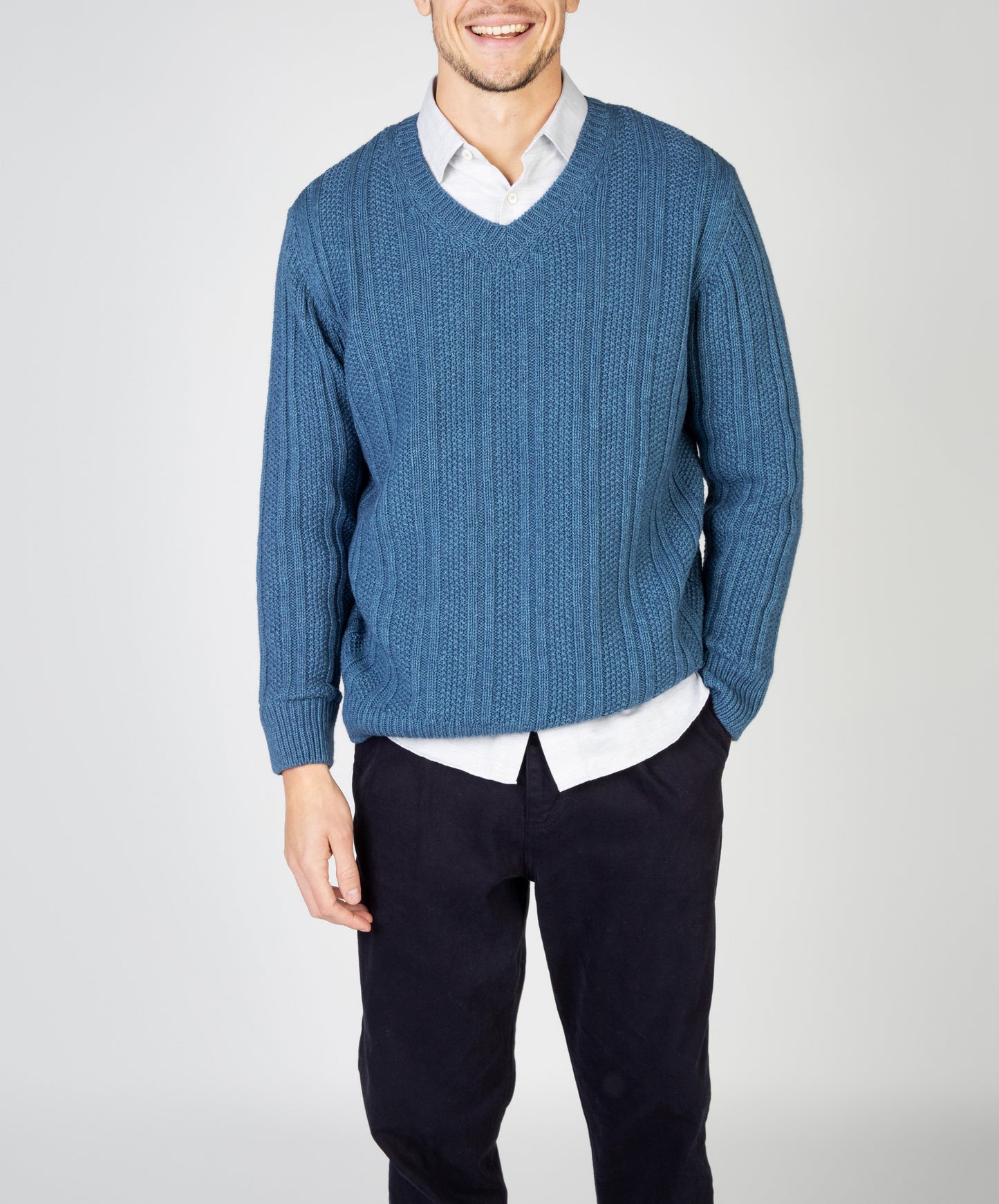 Moss Stripe V-Neck Sweater Harbour Blue