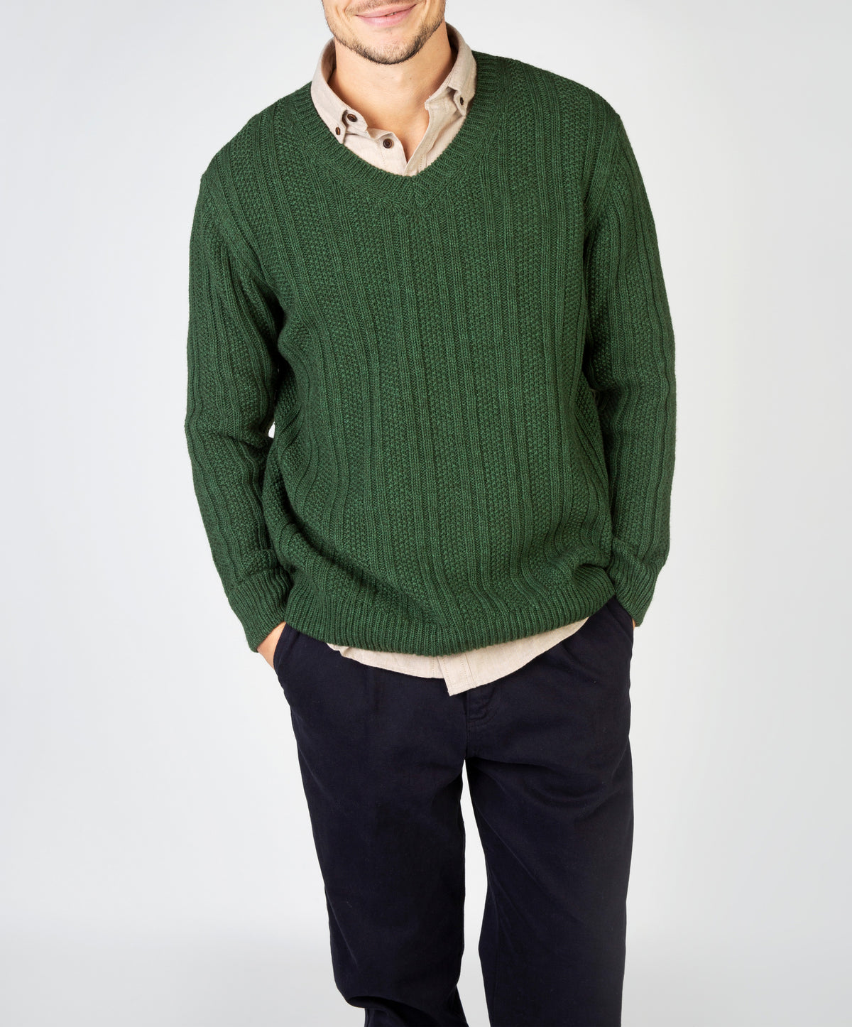 Mens Moss Stripe V-Neck Sweater - Tundra - IrelandsEye Knitwear