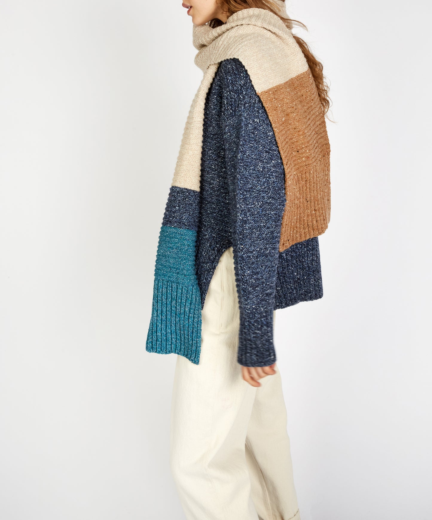 IrelandsEye Knitwear Knitted 'Elder' Contrast Panel Scarf Biscuit