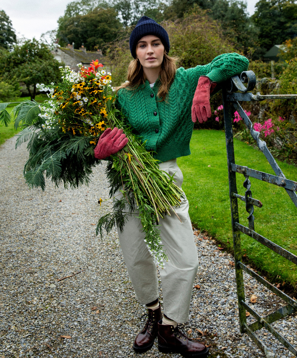 Women's Clover Cropped Aran Cardigan | Green Marl Soft Knit