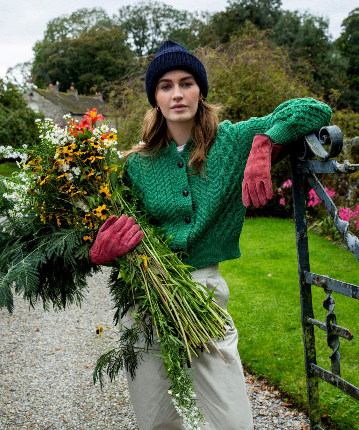 IrelandsEye Knitwear Zinnia Hat in Navy, A950 'Clover' Cropped Aran Cardigan in Green Marl in Merino 