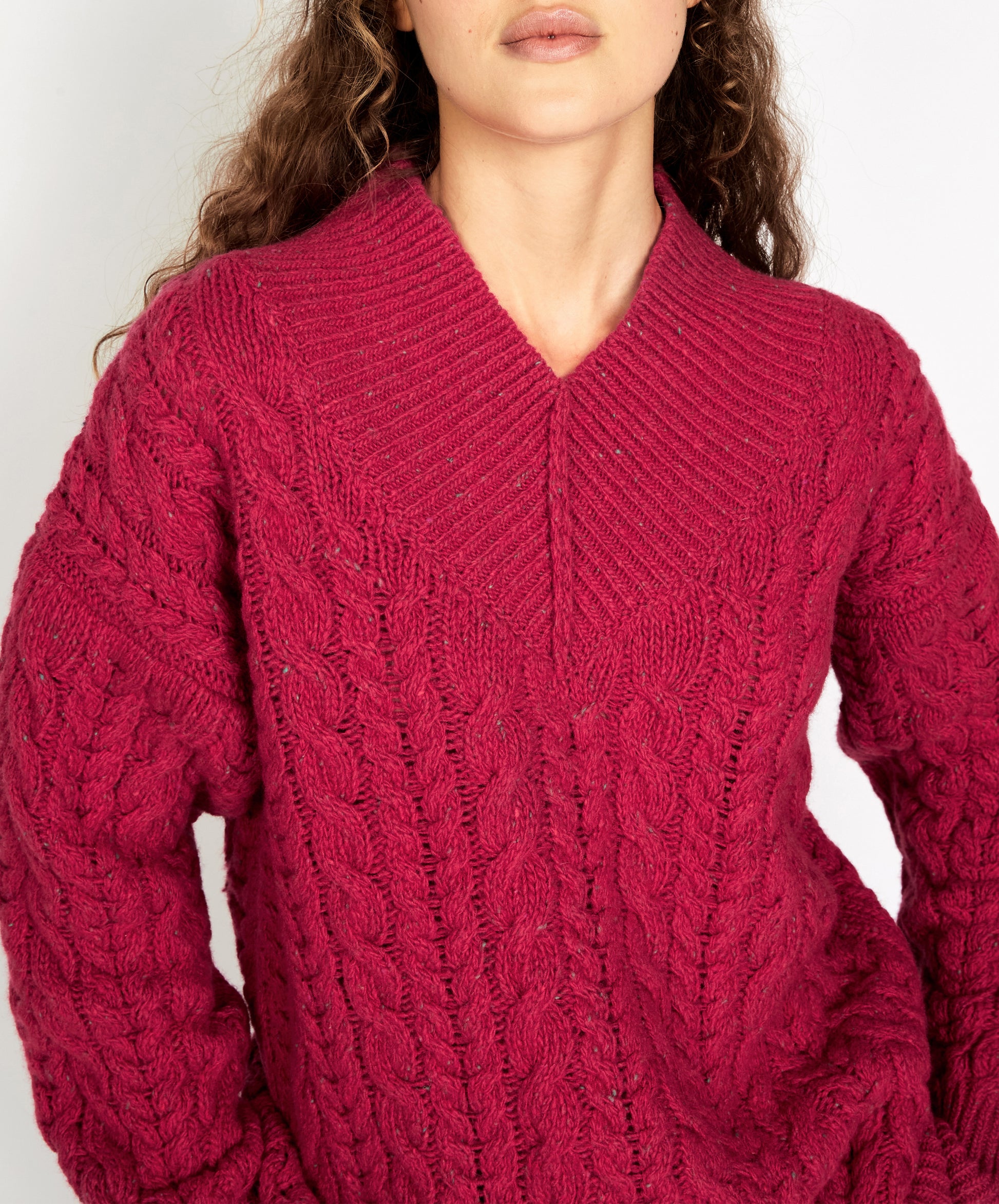 IrelandsEye Knitwear Mill Lane Cable V-Neck Sweater Bramble Berry