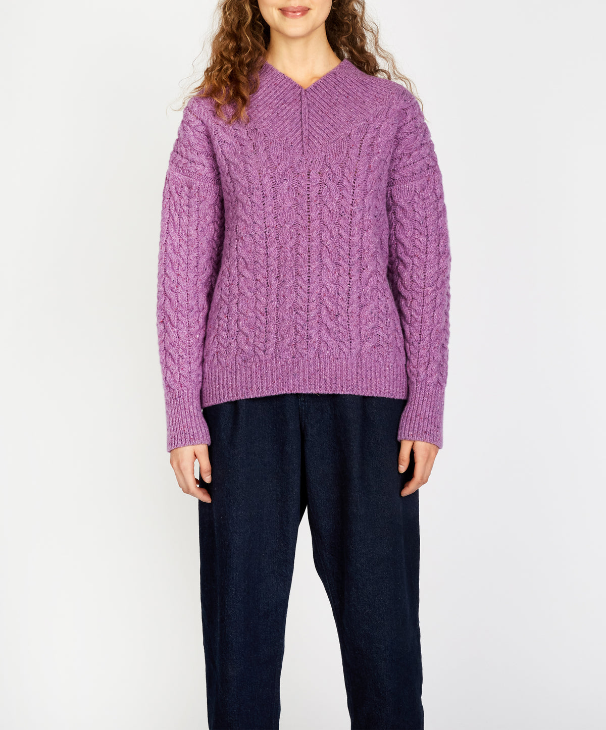 IrelandsEye Knitwear Mill Lane Cable V-Neck Sweater Orchid