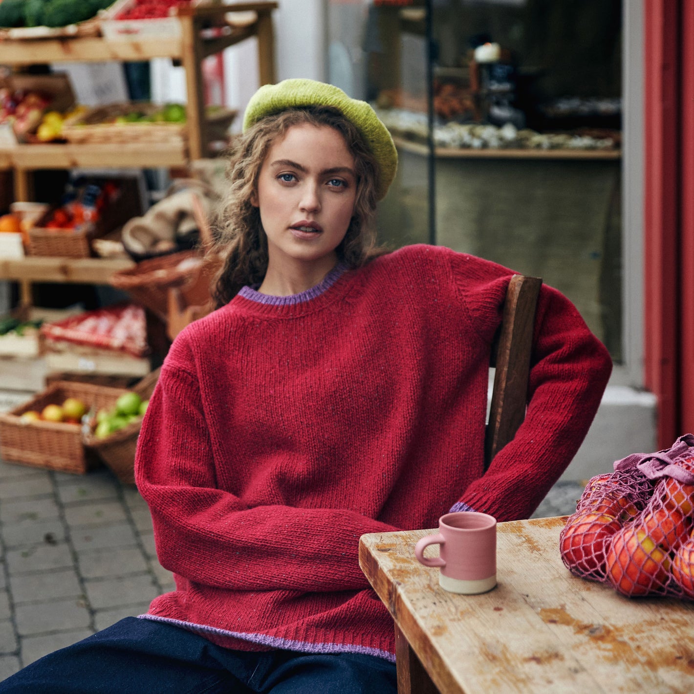 IrelandsEye Knitwear Slaney Crew Neck in Brambleberry and Ballybay Beret in Chartreuse