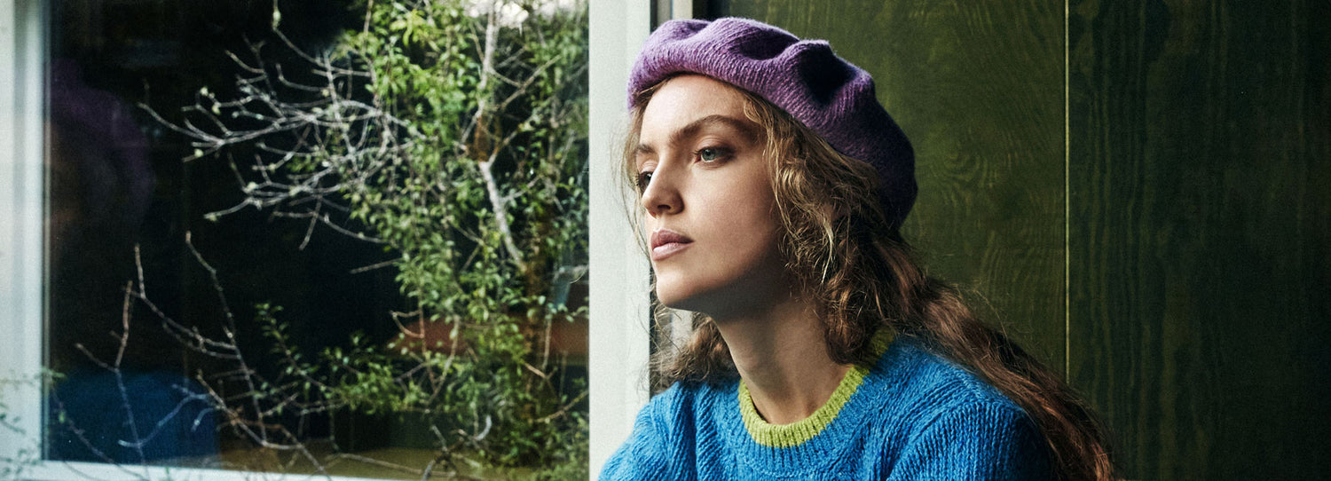 IrelandsEye Knitwear Slaney Crew Neck in Forget-Me-Not-Blue and Ballybay Beret in Orchid