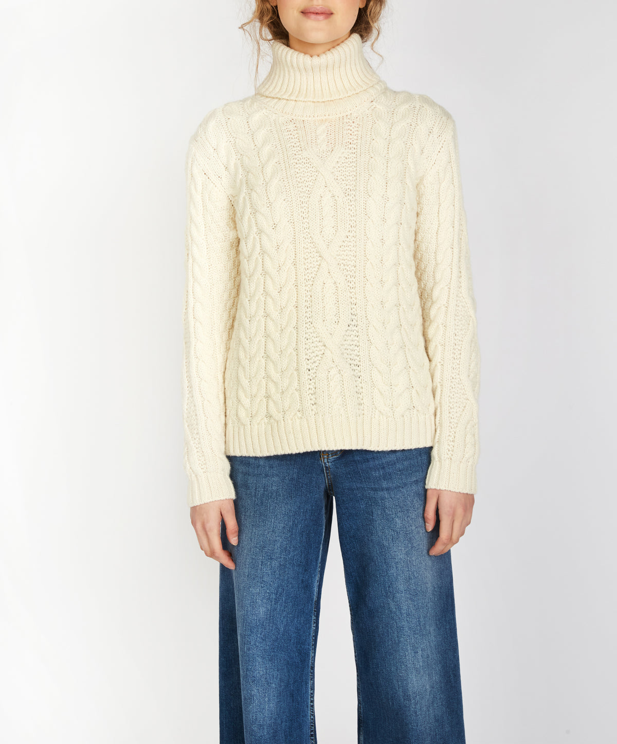 IrelandsEye Knitwear Juniper Aran Polo Neck Sweater in Natural
