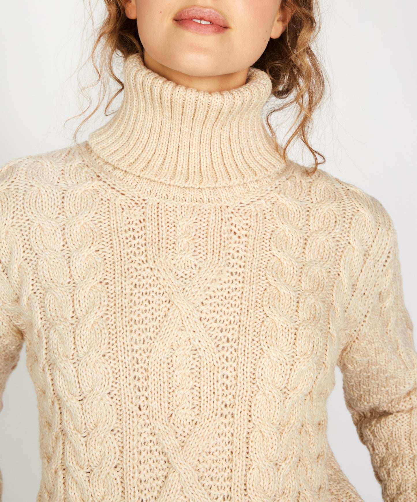 IrelandsEye Knitwear Juniper Aran Polo Neck Sweater in Oatmeal Marl