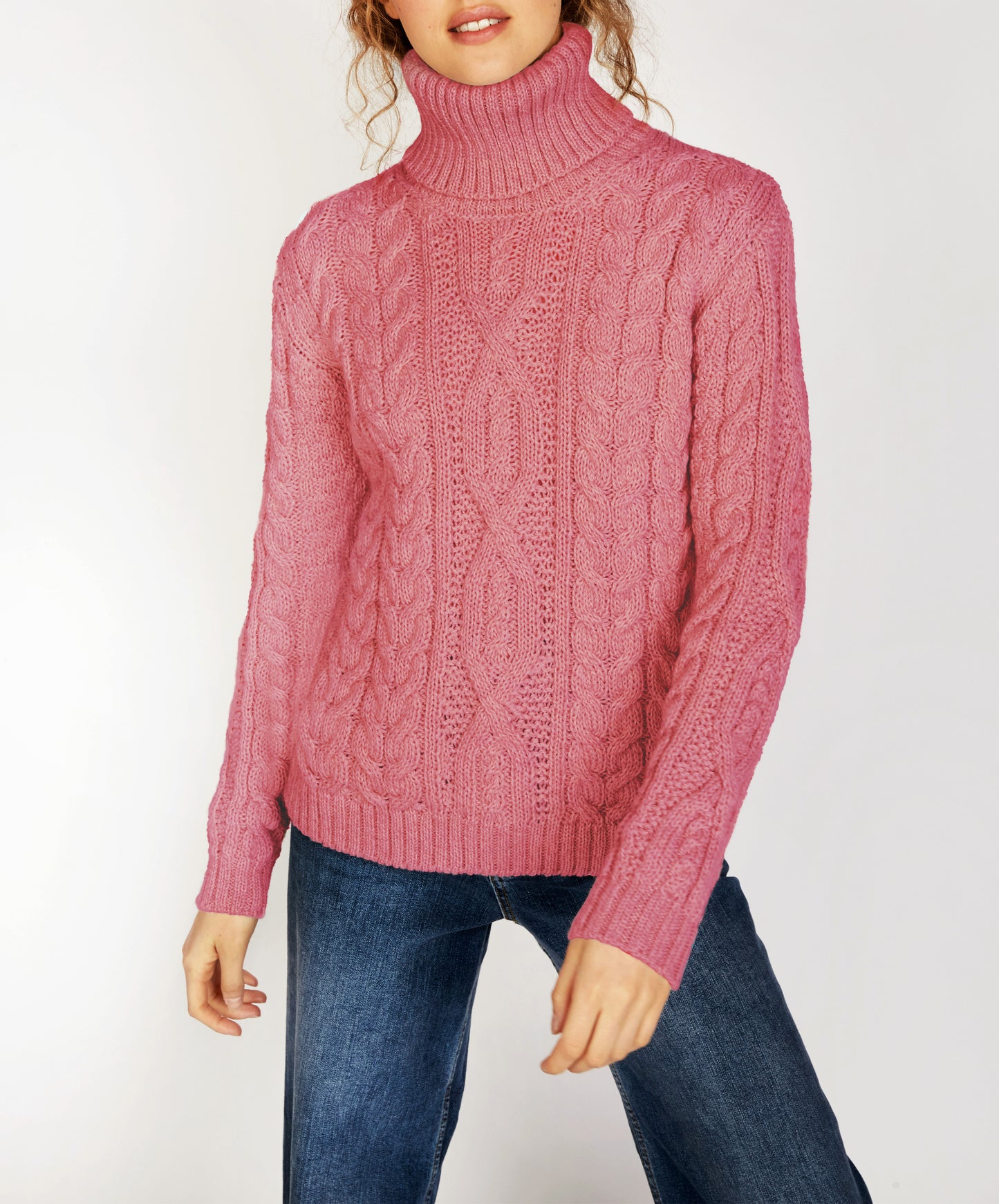 IrelandsEye Knitwear Juniper Aran Polo Neck Rosa Pink