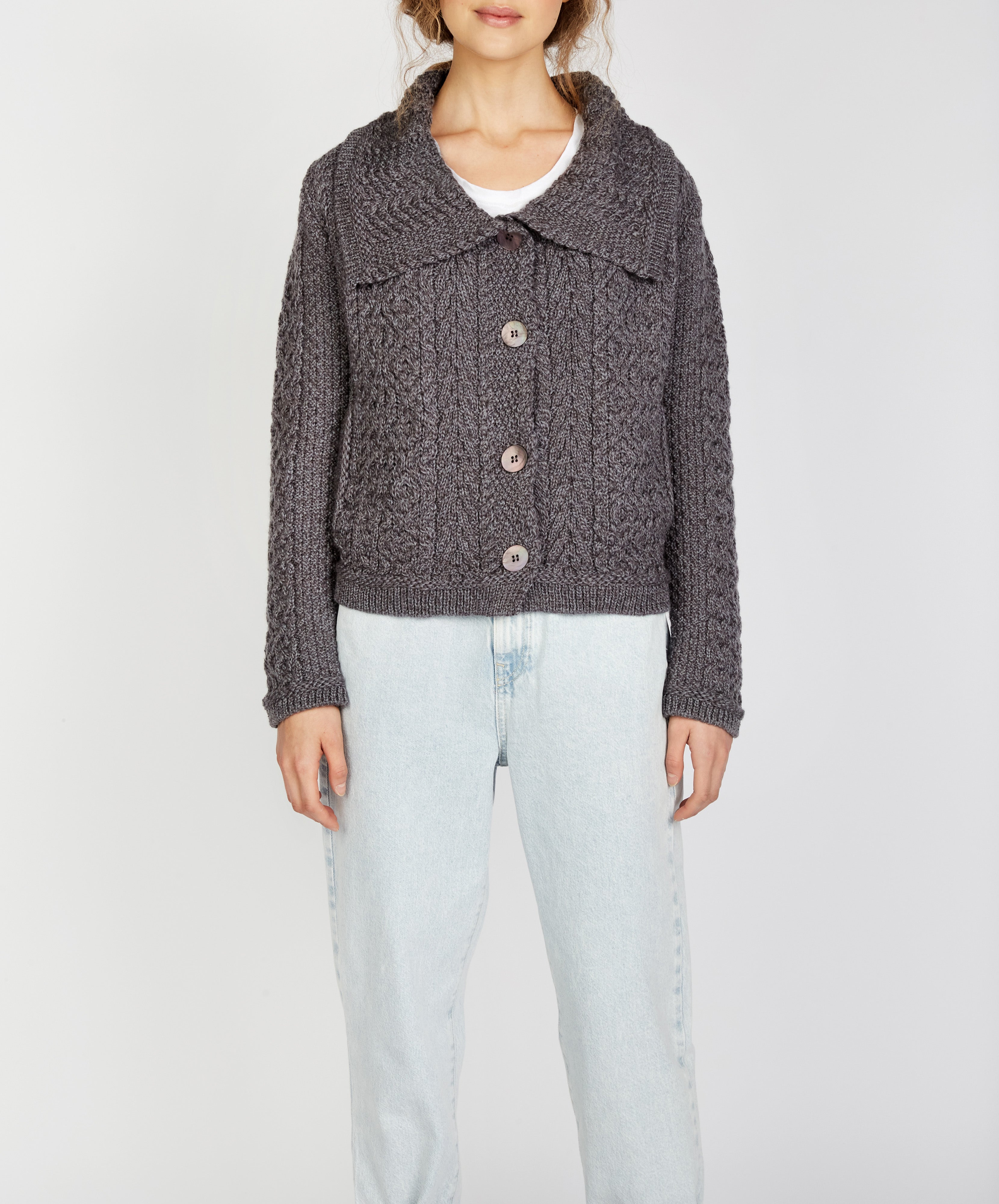irelands eye Willow Cropped Aran Cardigan Steel Marl Top Sale