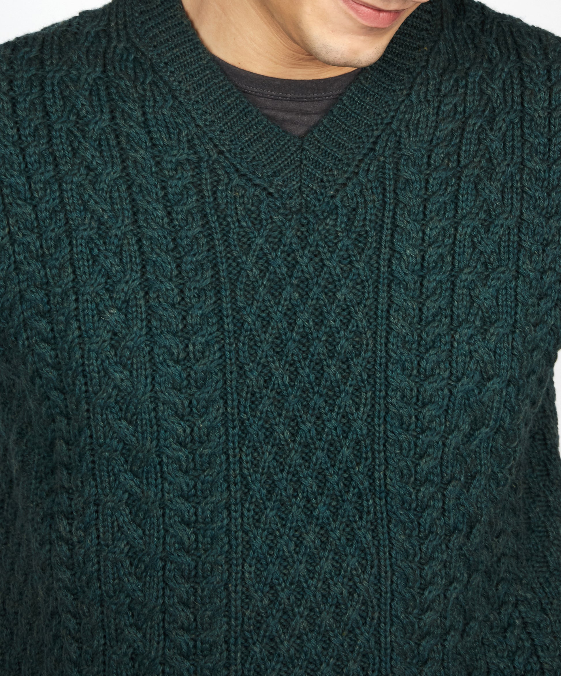 IrelandsEye Knitwear Mens Birch Aran V-Neck Vest in Evergreen