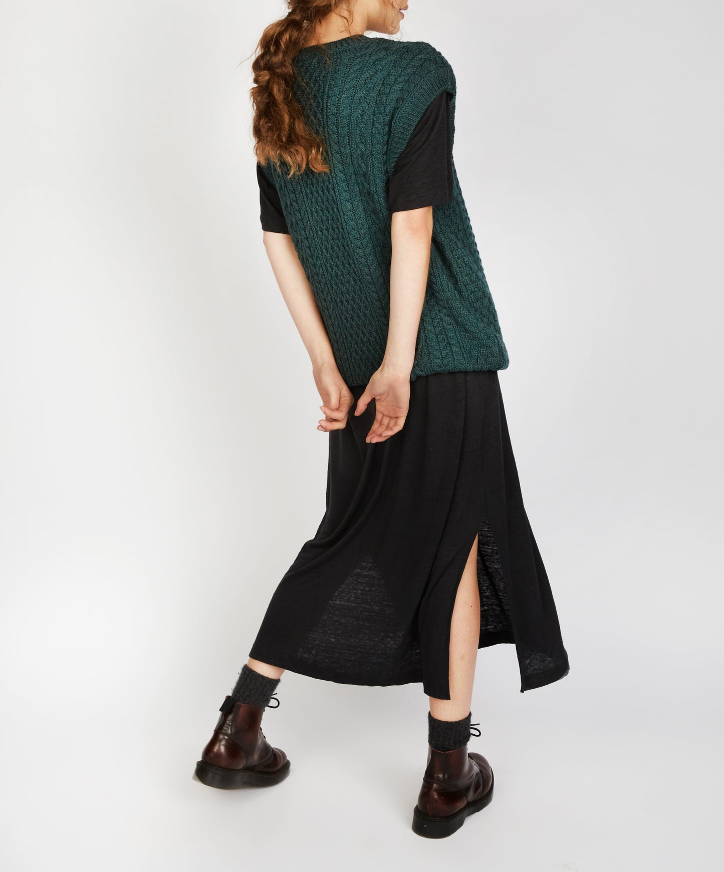 IrelandsEye Knitwear Womens Birch Aran V-Neck Vest in Evergreen