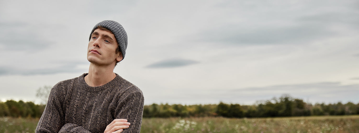 IrelandsEye Knitwear Cuanna Sudbury in Shadow Marl and Beanie Hat in Smoke