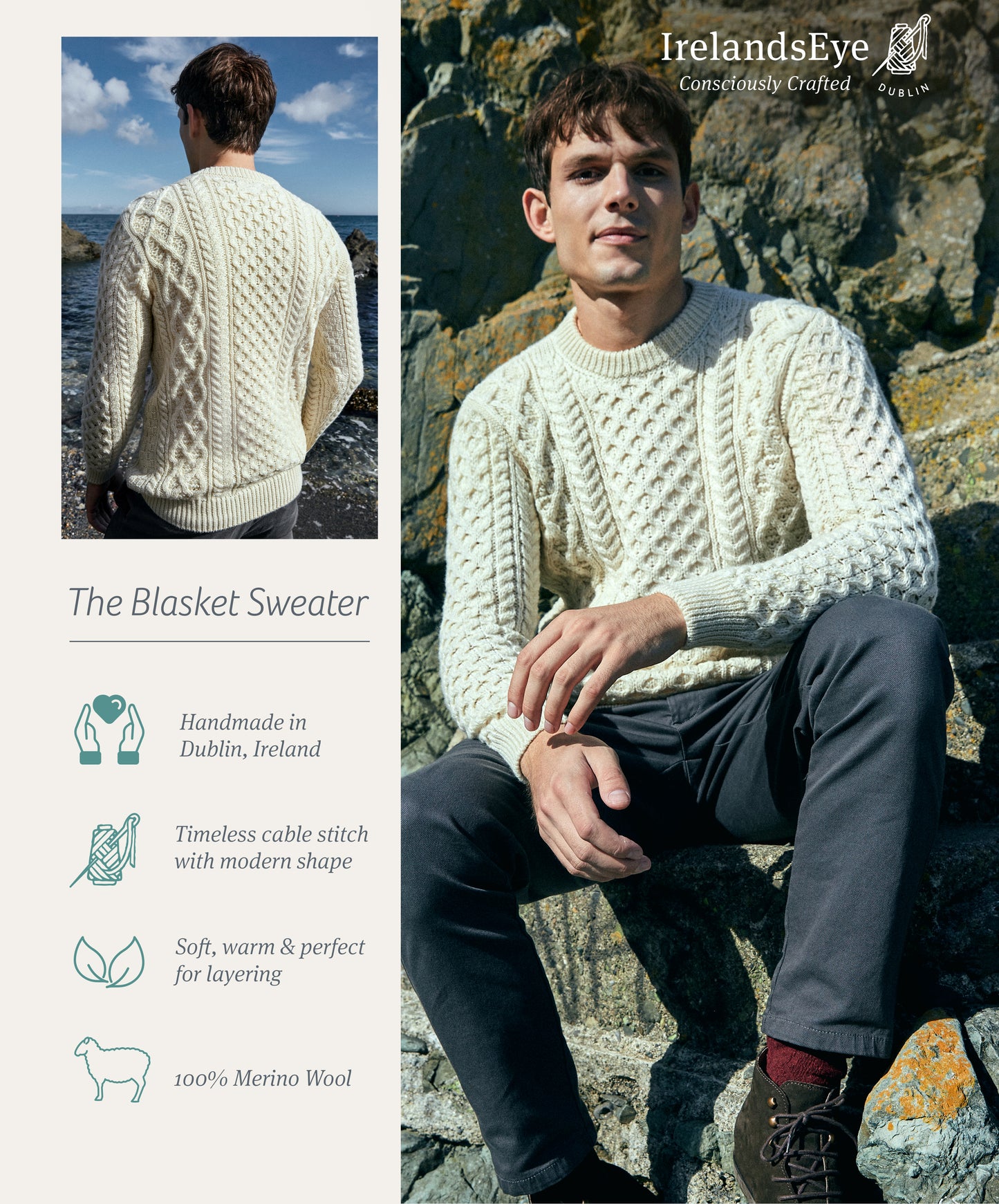 Blasket Honeycomb Stitch Mens Aran Sweater Natural