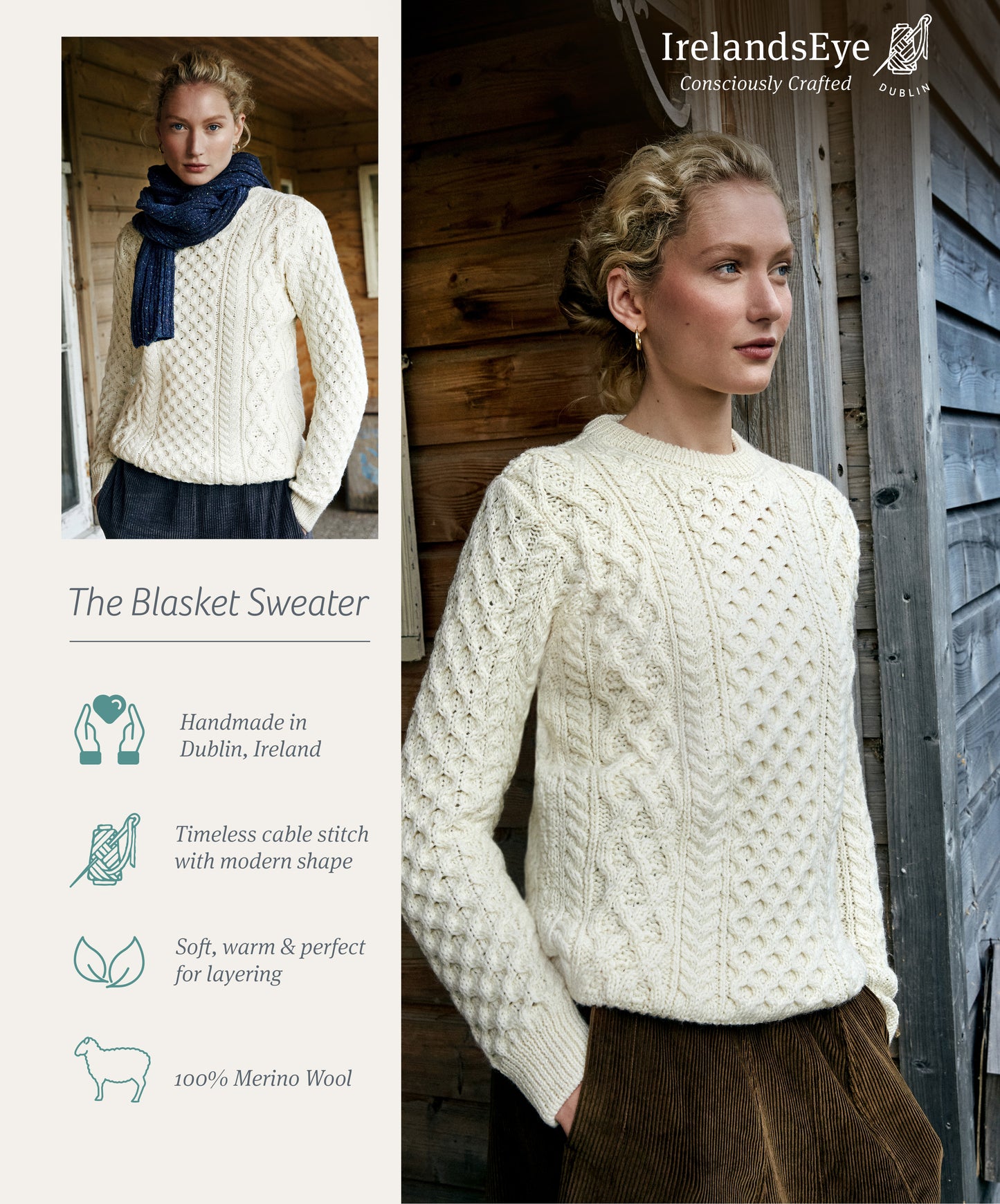 Blasket Honeycomb Stitch Womens Aran Sweater Natural