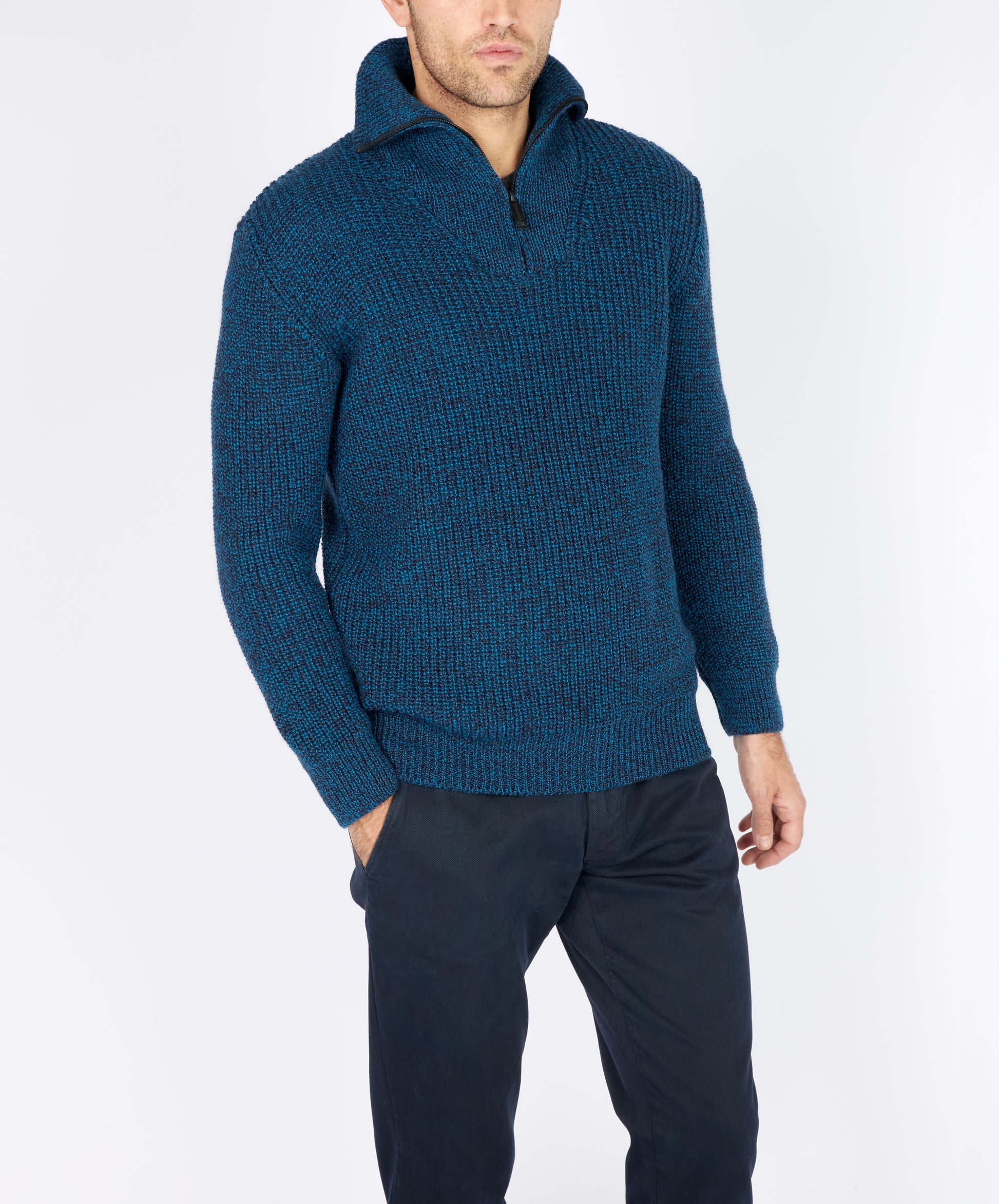 IrelandsEye Knitwear Owenroe Ribbed Troyer Sweater Petrol Marl