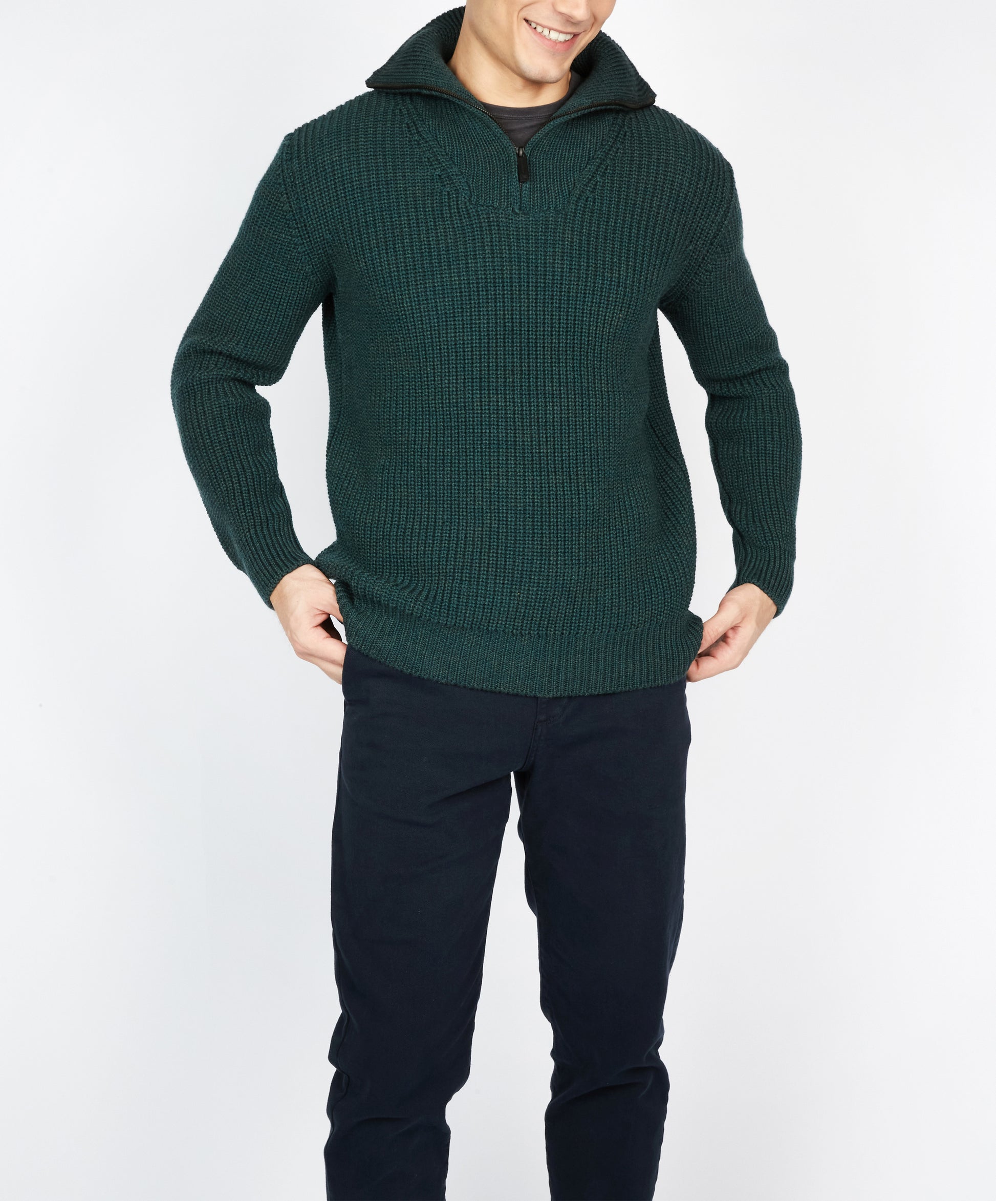 IrelandsEye Knitwear Owenroe Ribbed Troyer Sweater Evergreen