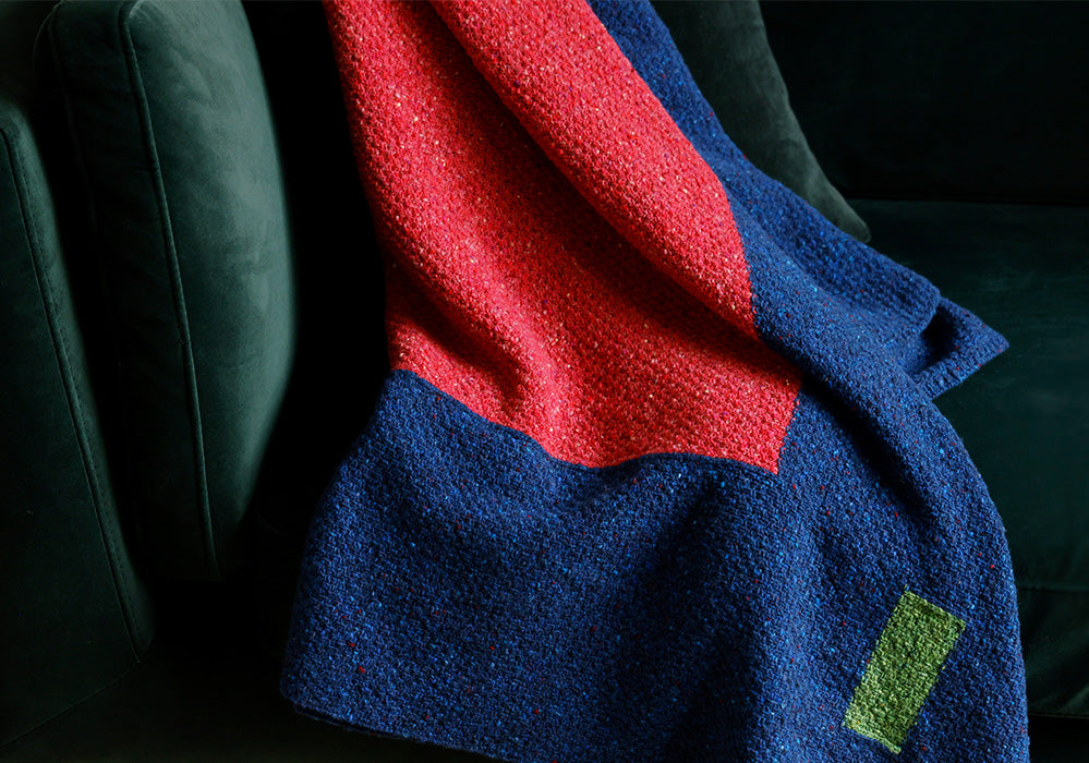 IrelandsEye Knitwear and Ellie Dunne 'Blocks' Moss Stitch Blanket Roe Blue Brosna Pink Killala Green Merino Wool