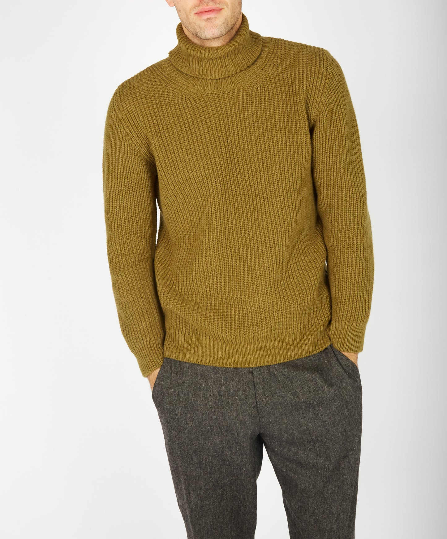 IrelandsEye Knitwear Fishermans Rib Polo Neck Khaki