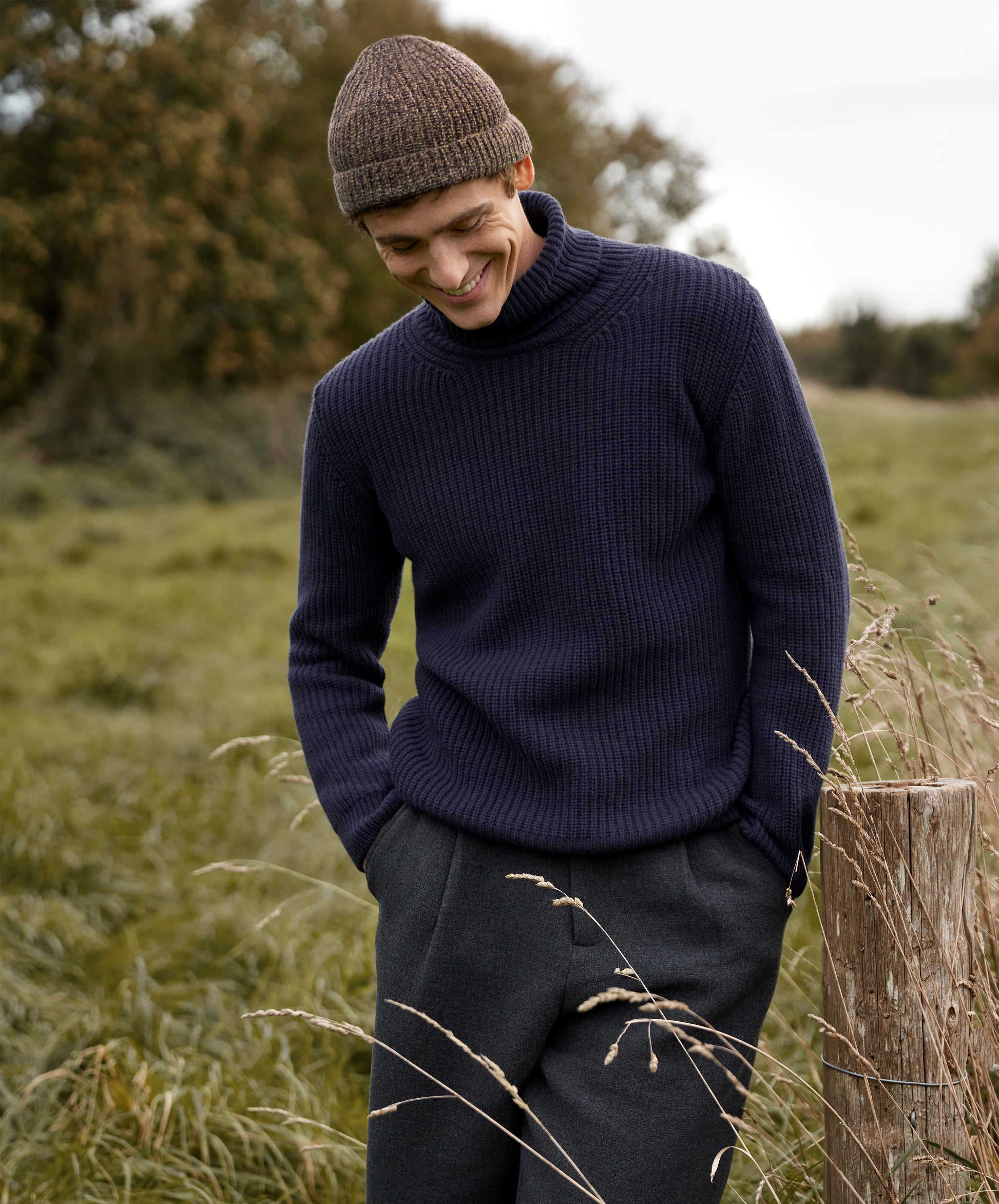 IrelandsEye Knitwear Fishermans Rib Polo Neck in Midnight & Beanie Hat Shadow Marl