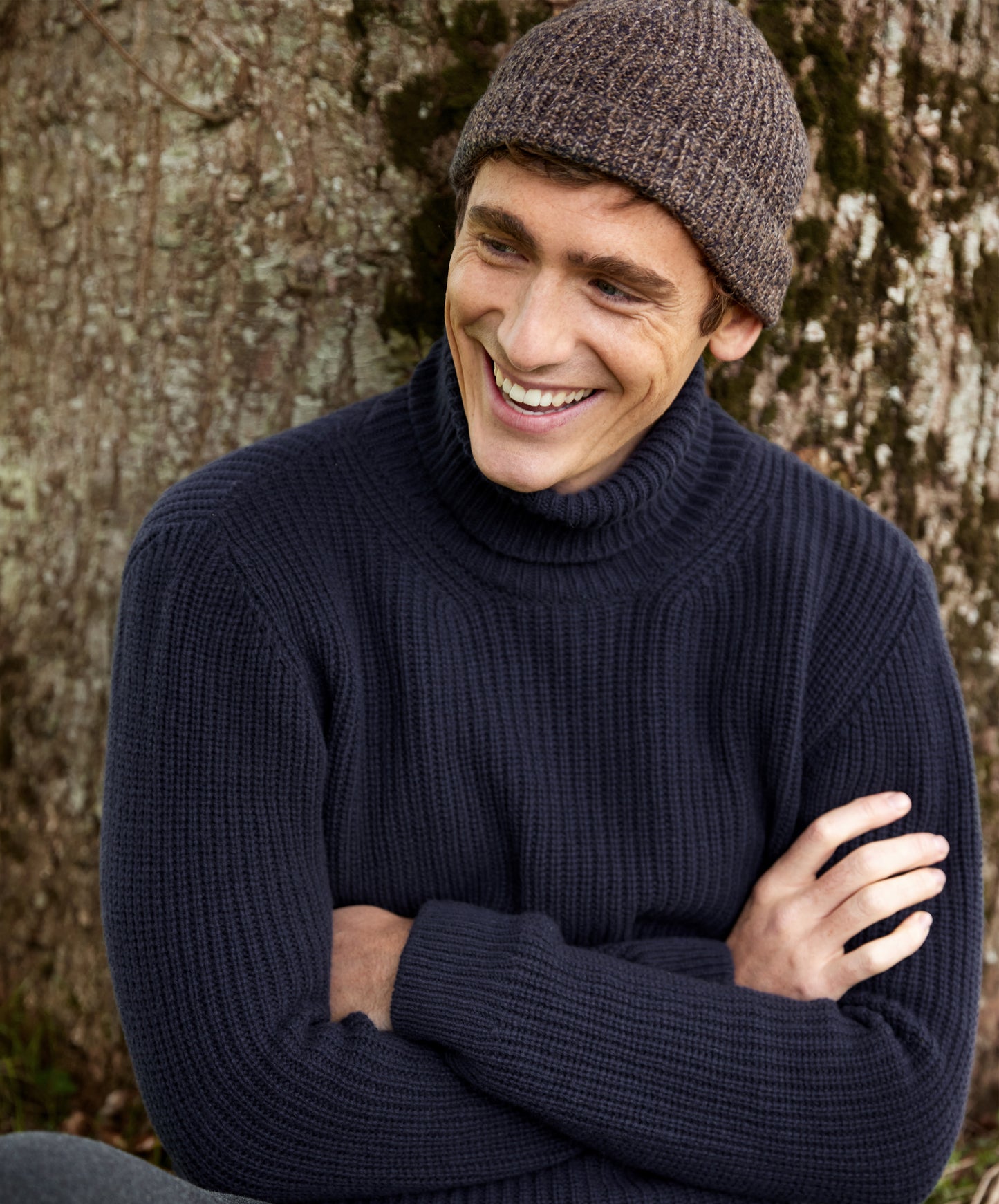 IrelandsEye Knitwear Fishermans Rib Polo Neck in Midnight & Beanie Hat Shadow Marl