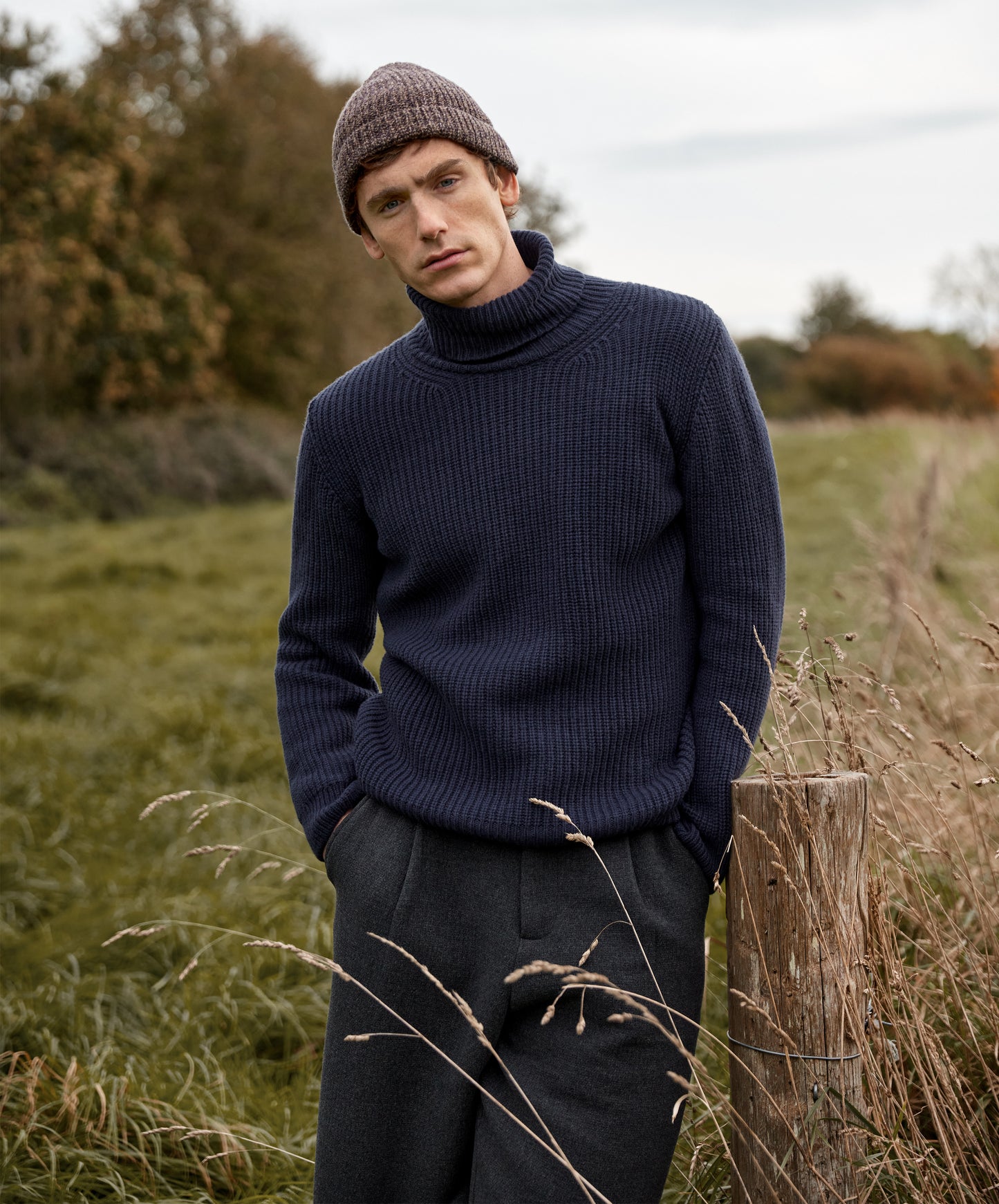 IrelandsEye Knitwear Fishermans Rib Polo Neck in Midnight & Beanie Hat Shadow Marl