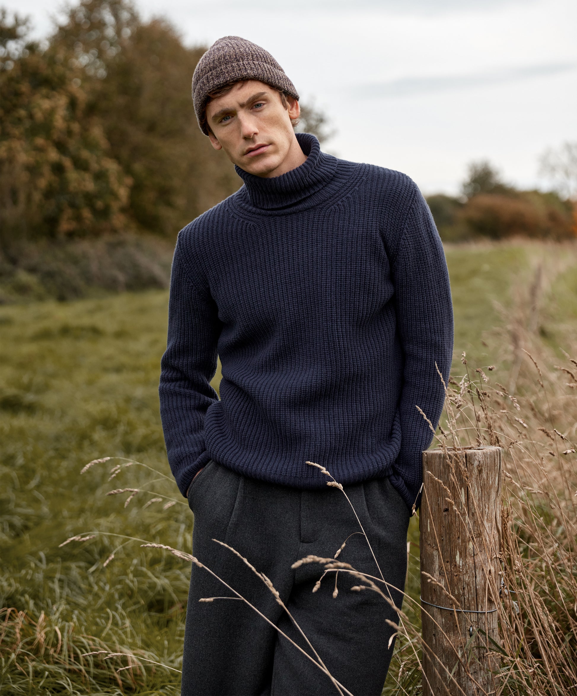 IrelandsEye Knitwear Fishermans Rib Polo Neck in Midnight & Beanie Hat Shadow Marl