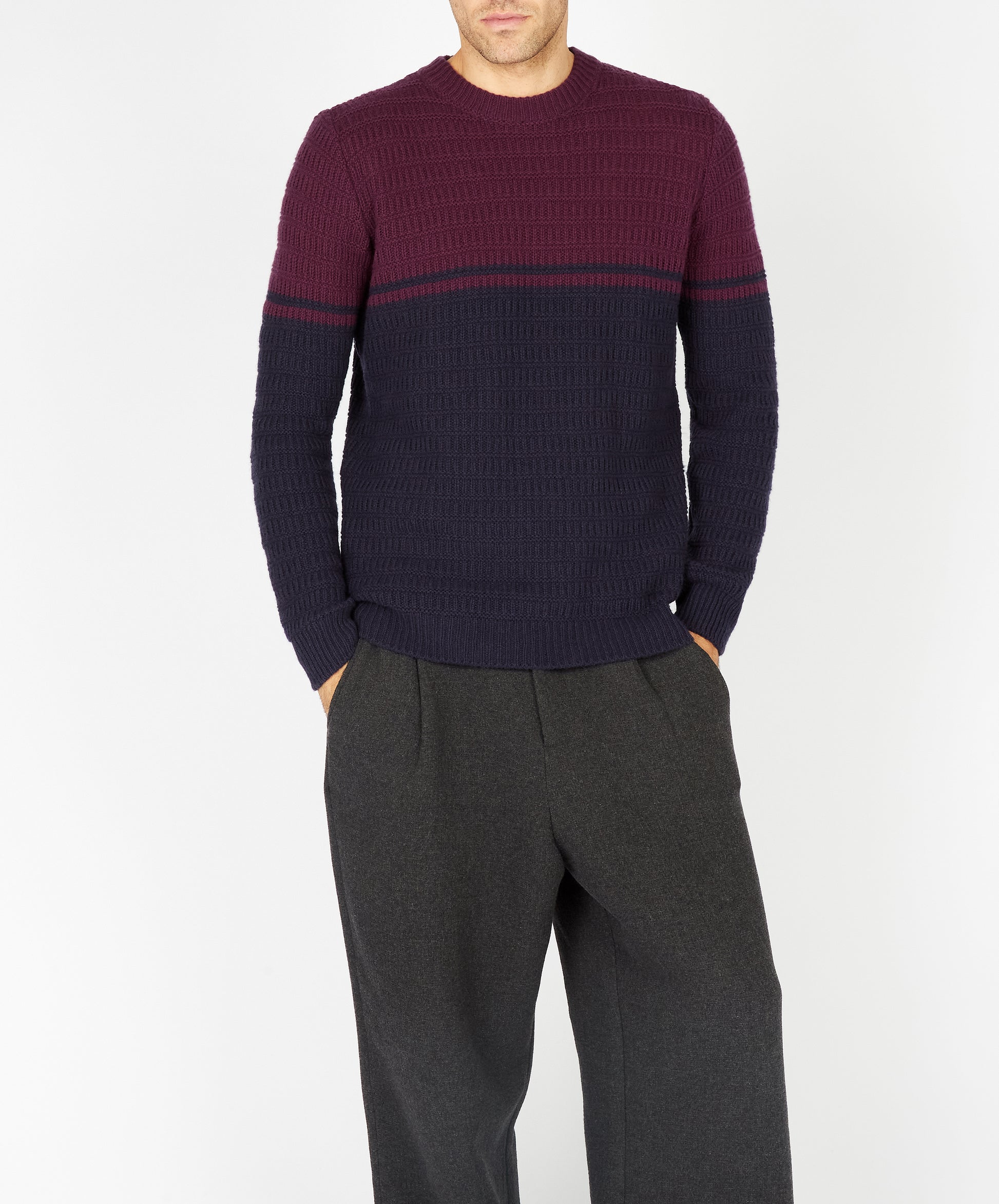 IrelandsEye Knitwear Colour Block Crew Neck Currant & Midnight Blue