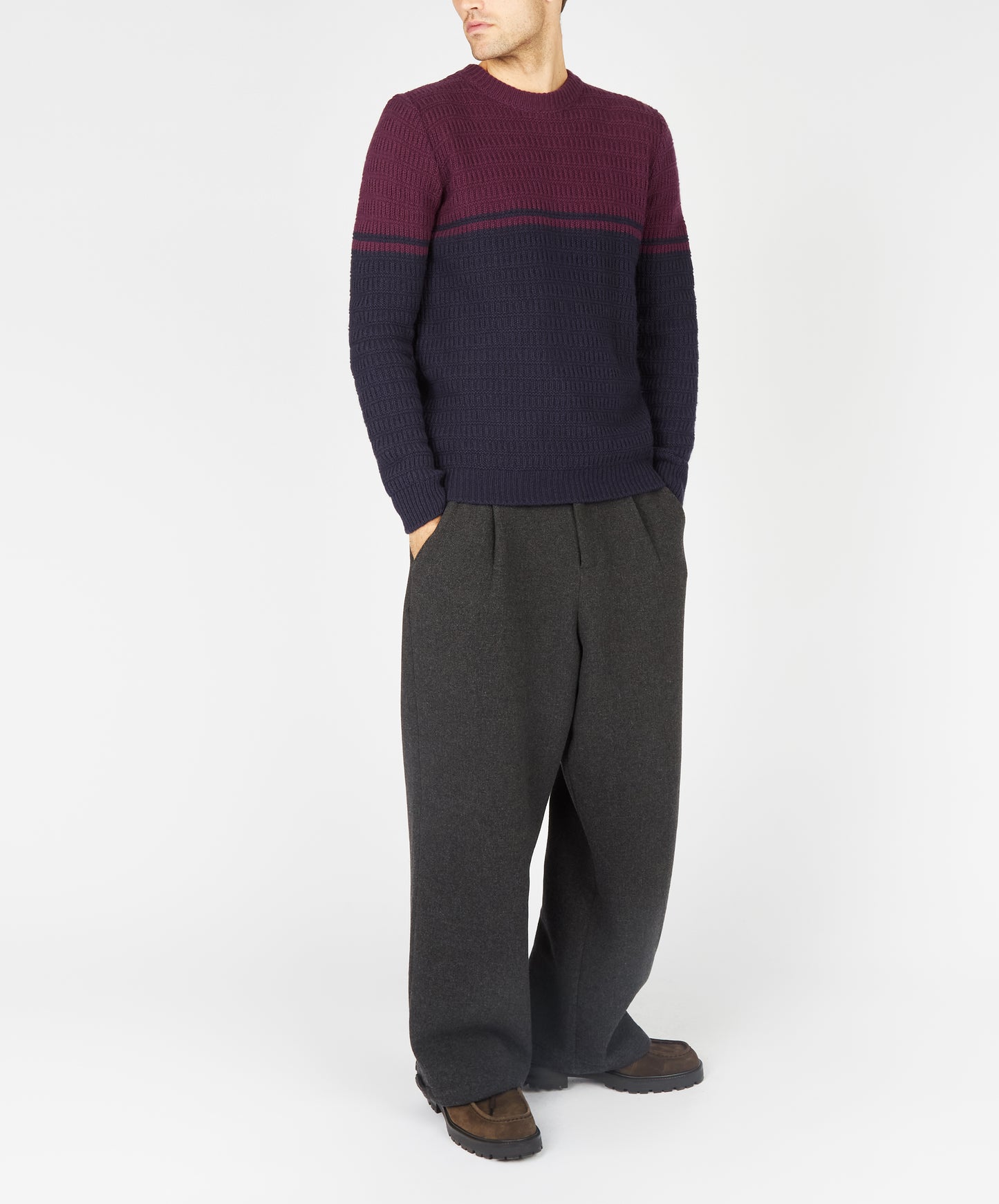 IrelandsEye Knitwear Colour Block Crew Neck Currant & Midnight Blue