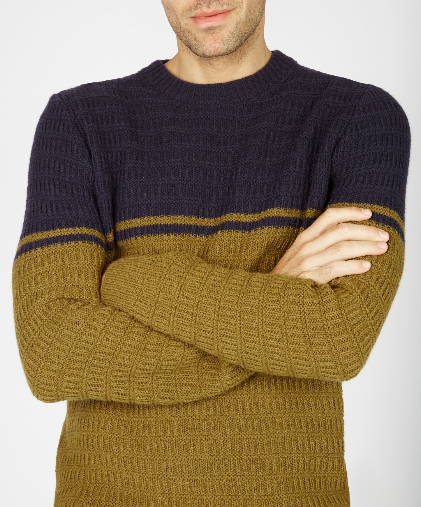 IrelandsEye Knitwear Colour Block Crew Neck Midnight Blue & Khaki