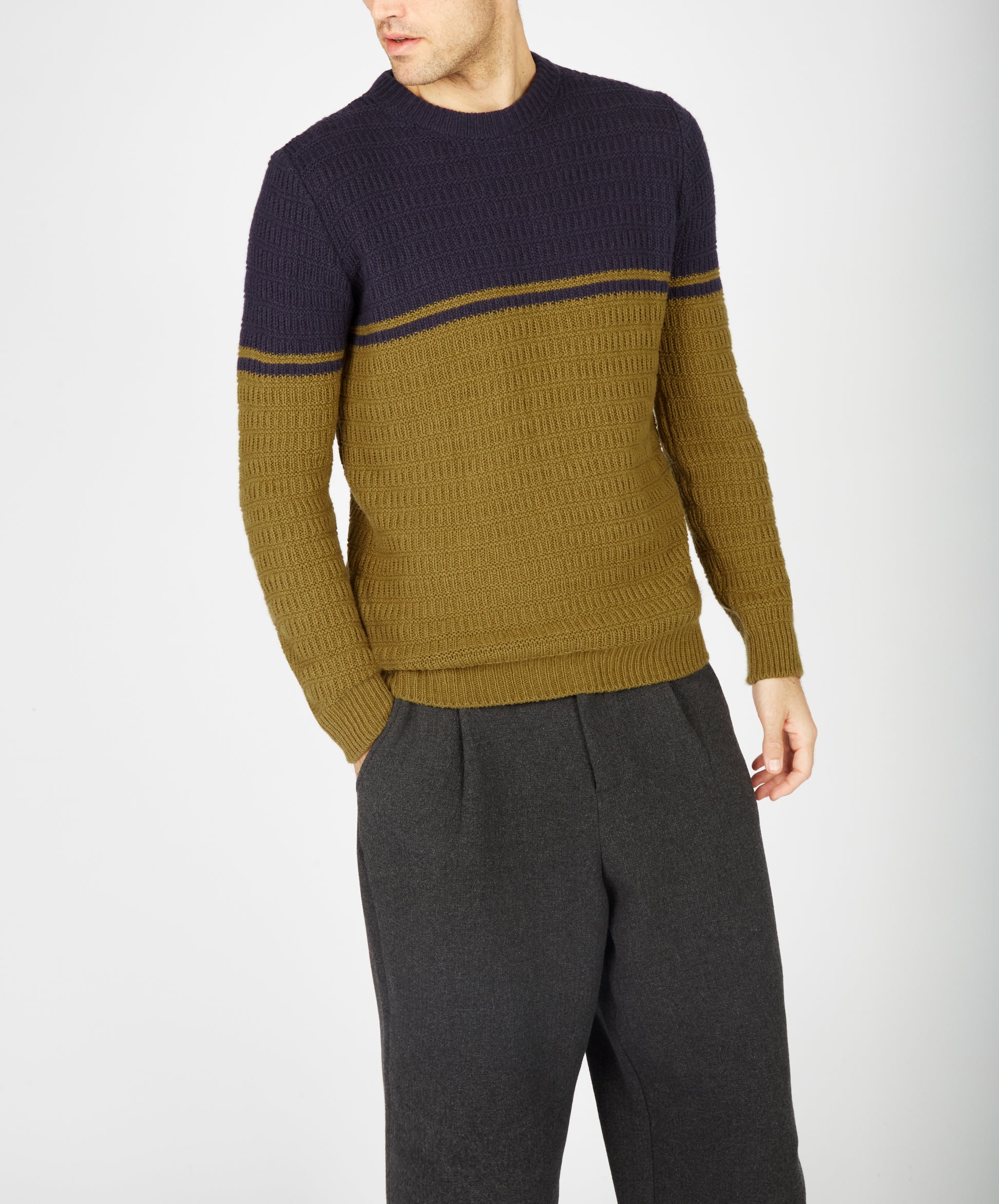 IrelandsEye Knitwear Colour Block Crew Neck Midnight Blue & Khaki