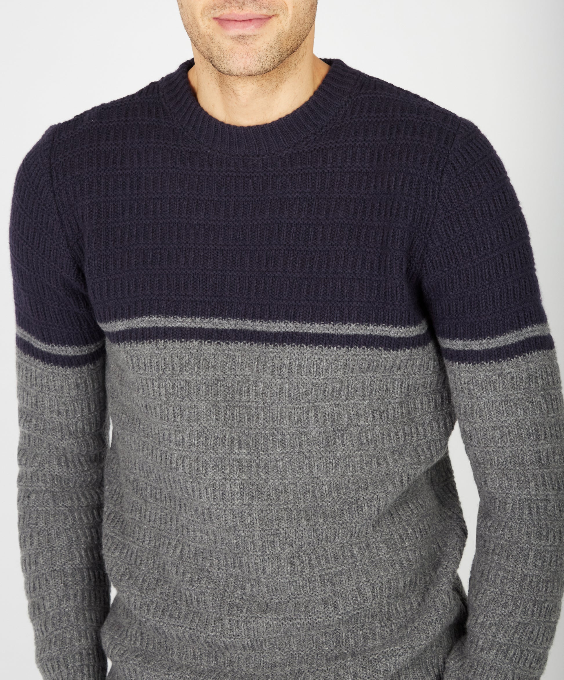 IrelandsEye Knitwear Colour Block Crew Neck Midnight Blue & Smoke